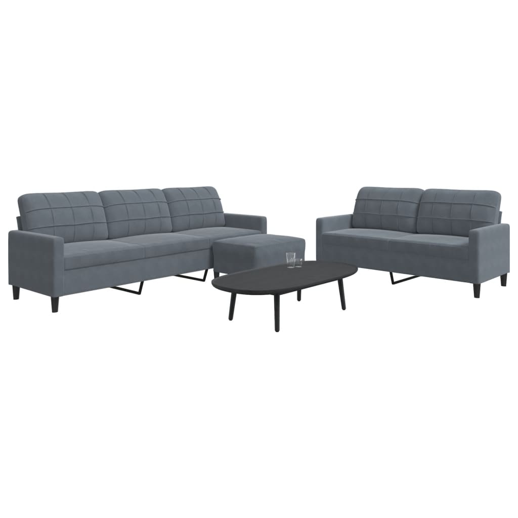 3 Pcs conjunto de sofás com almofadões veludo cinzento-escuro