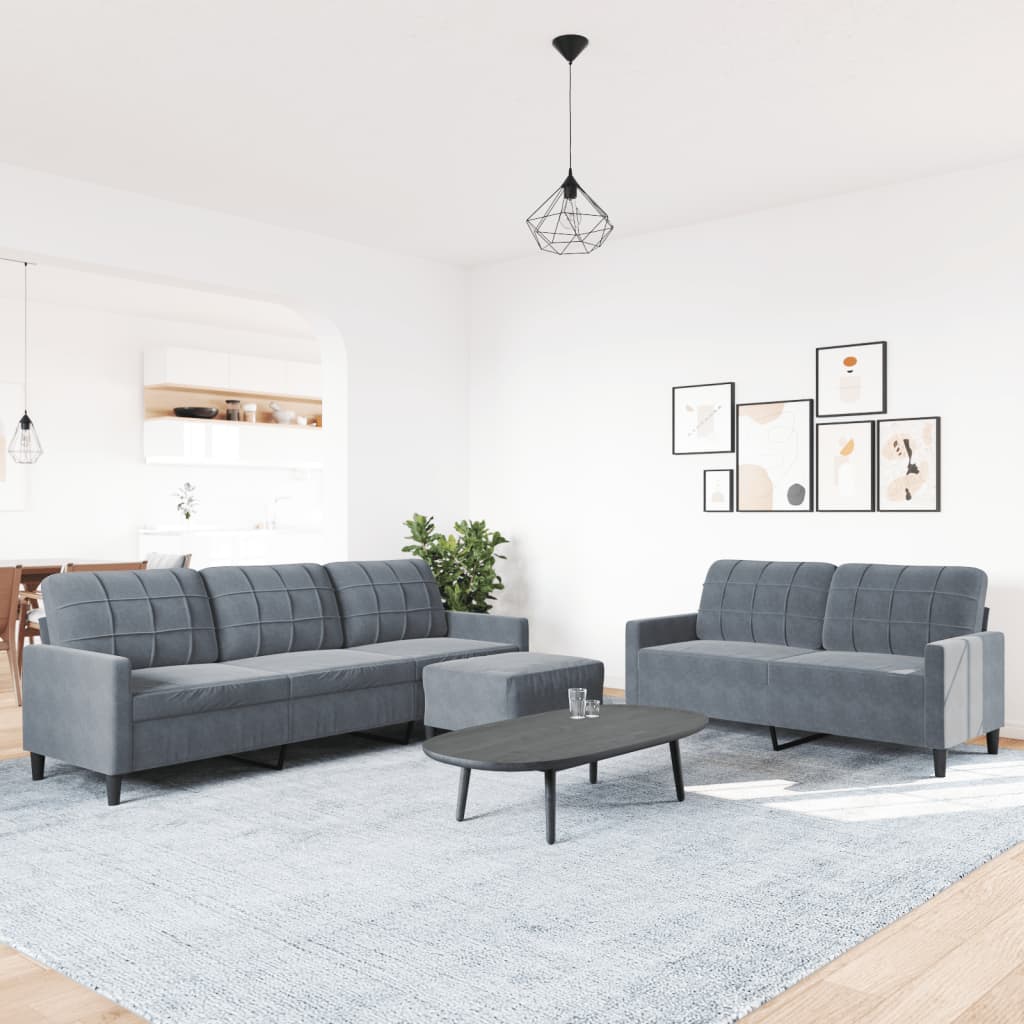 3 Pcs conjunto de sofás com almofadões veludo cinzento-escuro