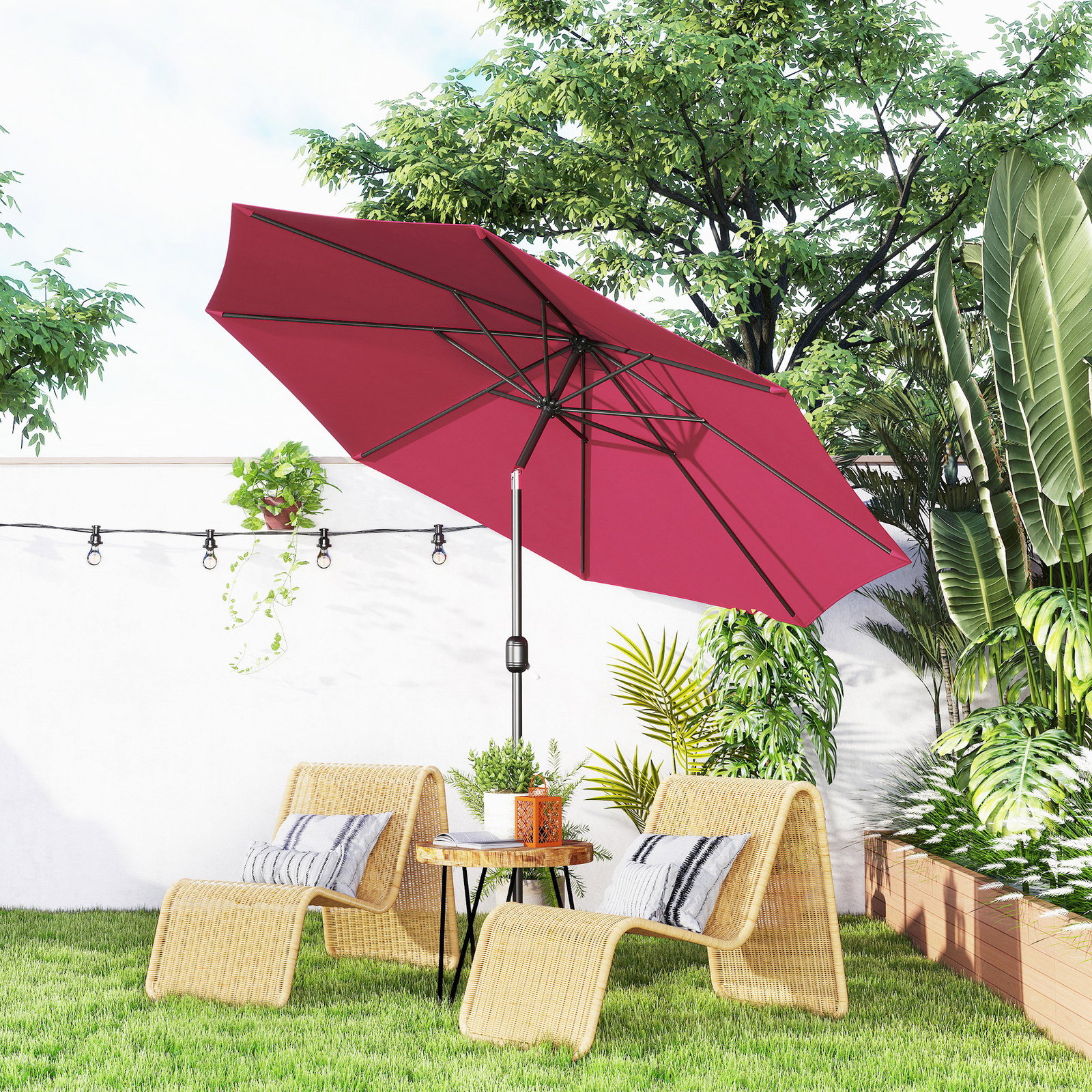 Chapéu de sol de jardim ø295x250cm com manivela chapéu de sol exterior com mecanismo de inclinação e mastro desmontável de metal para terraço piscina pátio vinho