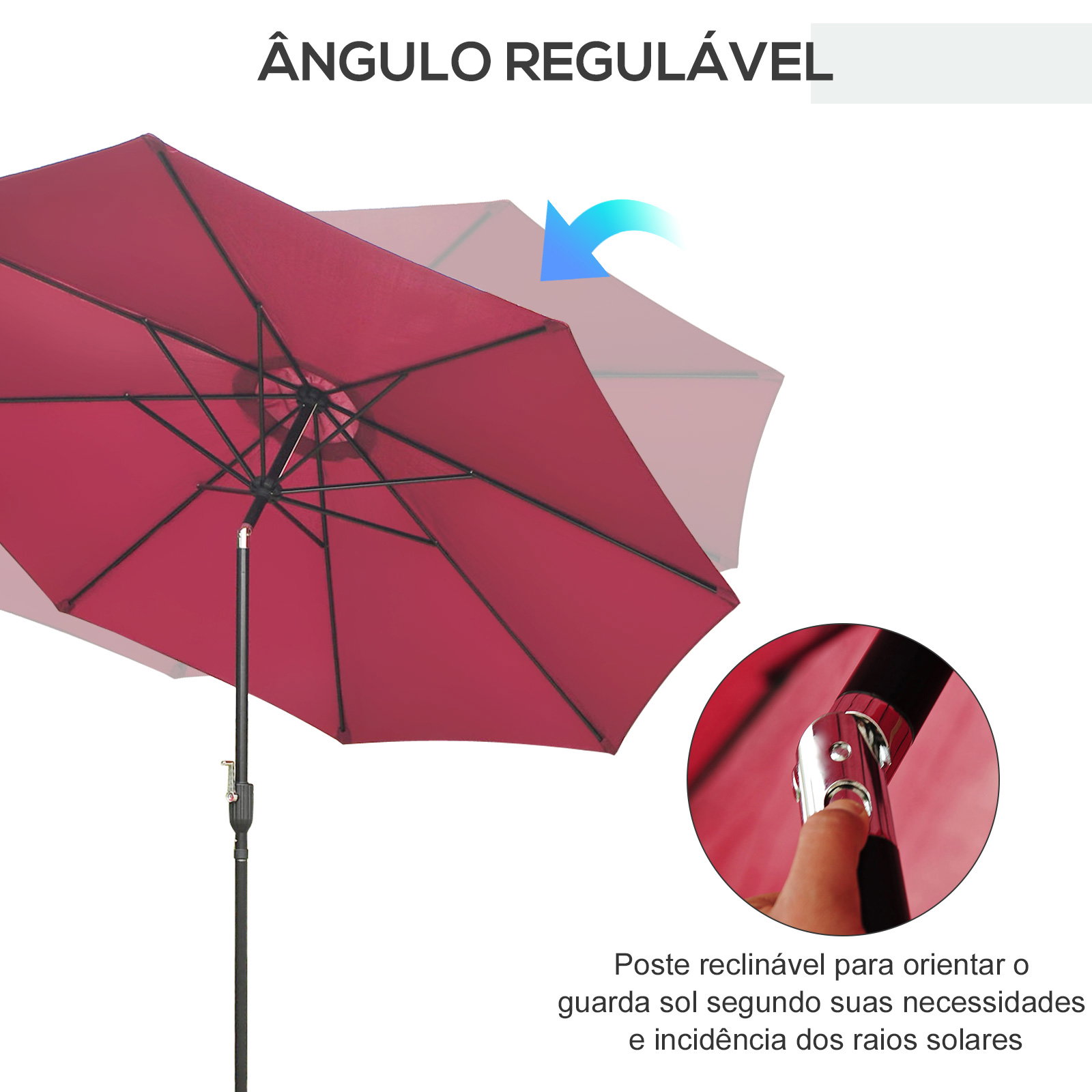 Chapéu de sol de jardim ø295x250cm com manivela chapéu de sol exterior com mecanismo de inclinação e mastro desmontável de metal para terraço piscina pátio vinho