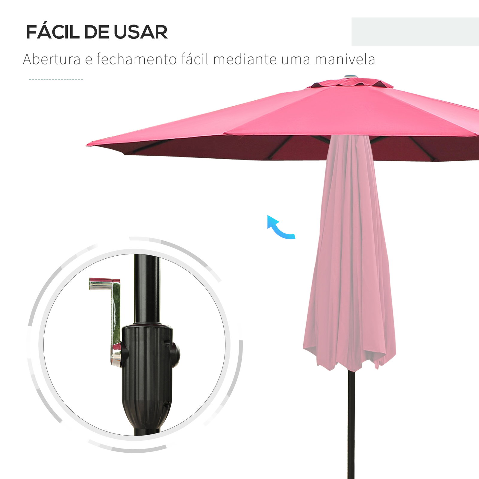 Chapéu de sol de jardim ø295x250cm com manivela chapéu de sol exterior com mecanismo de inclinação e mastro desmontável de metal para terraço piscina pátio vinho