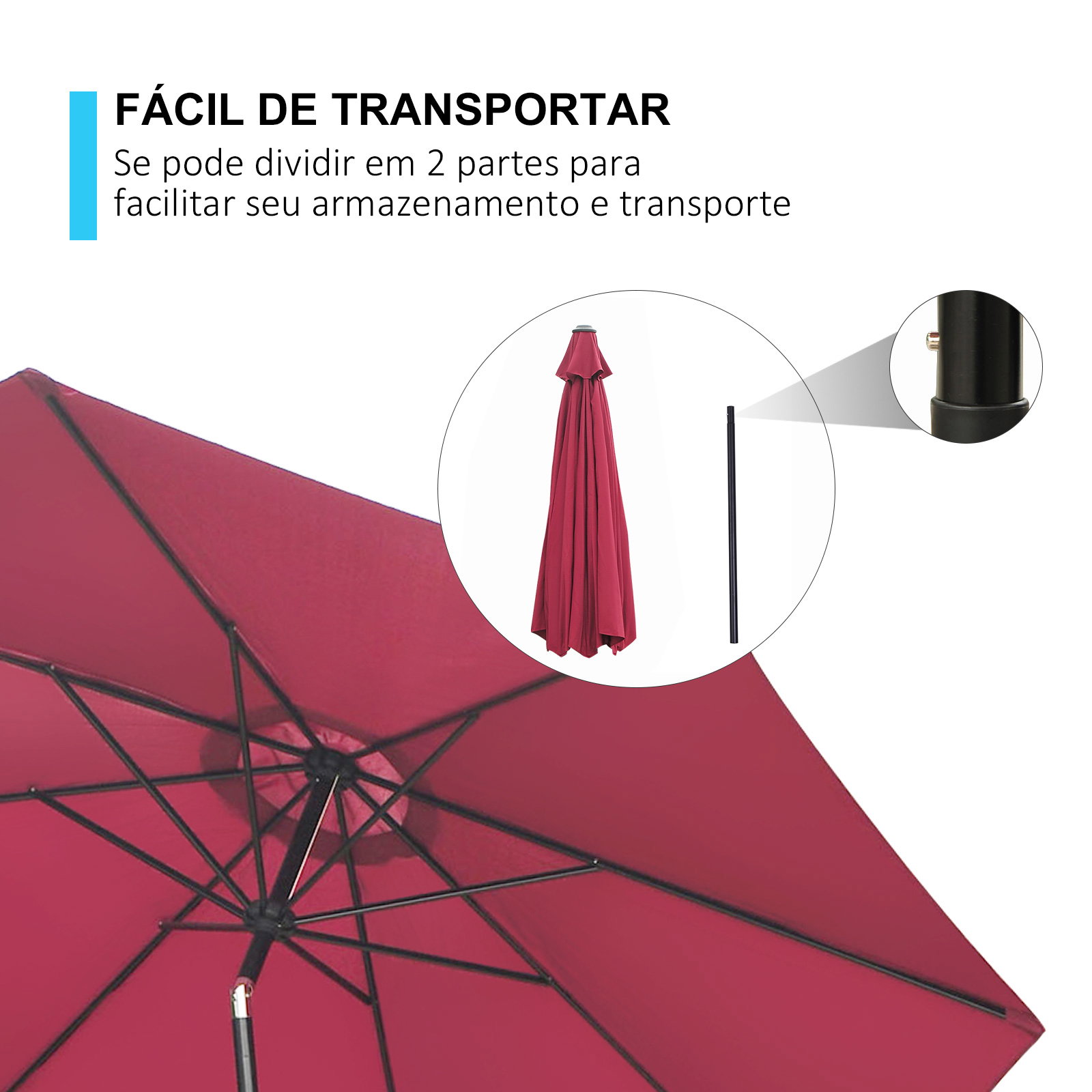 Chapéu de sol de jardim ø295x250cm com manivela chapéu de sol exterior com mecanismo de inclinação e mastro desmontável de metal para terraço piscina pátio vinho