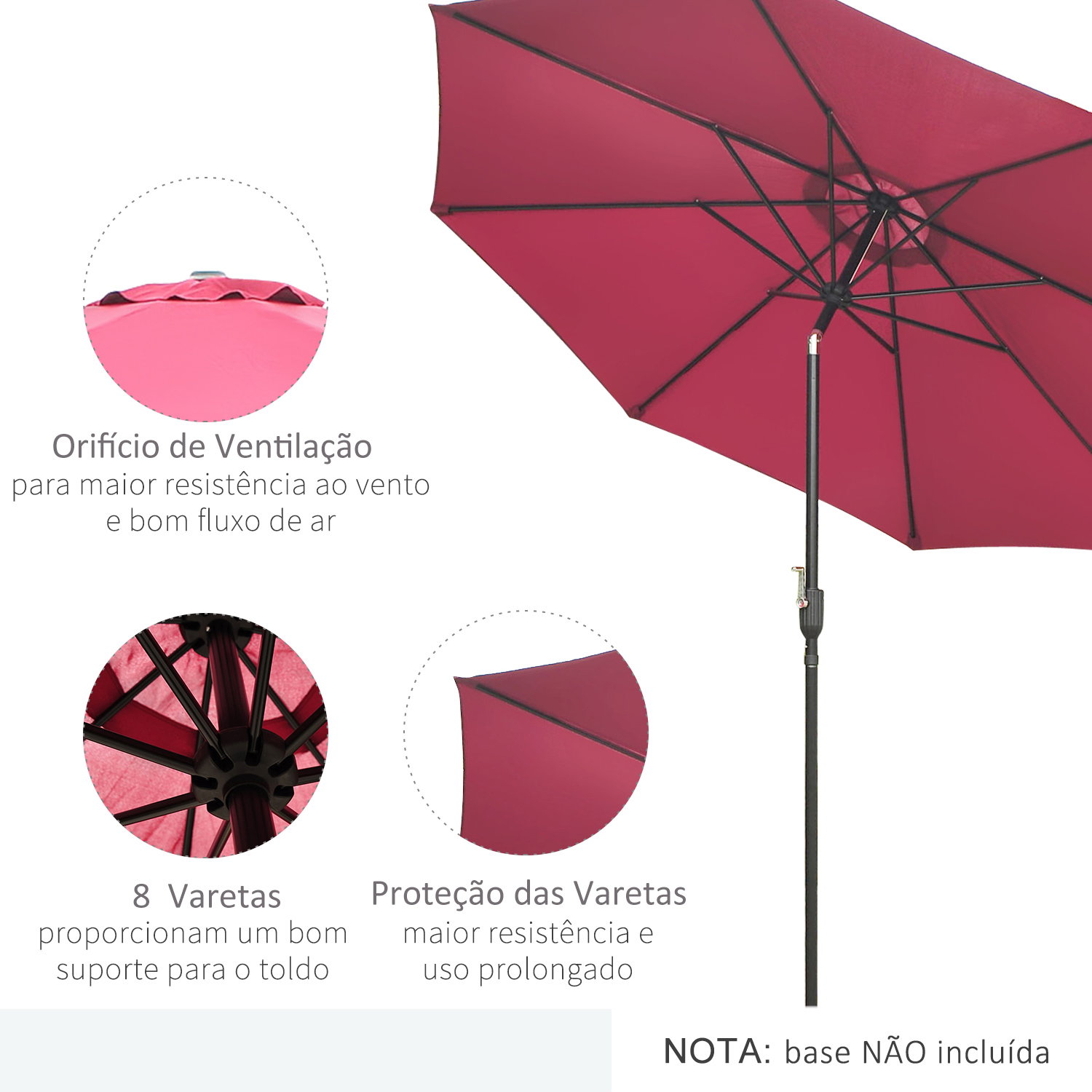 Chapéu de sol de jardim ø295x250cm com manivela chapéu de sol exterior com mecanismo de inclinação e mastro desmontável de metal para terraço piscina pátio vinho