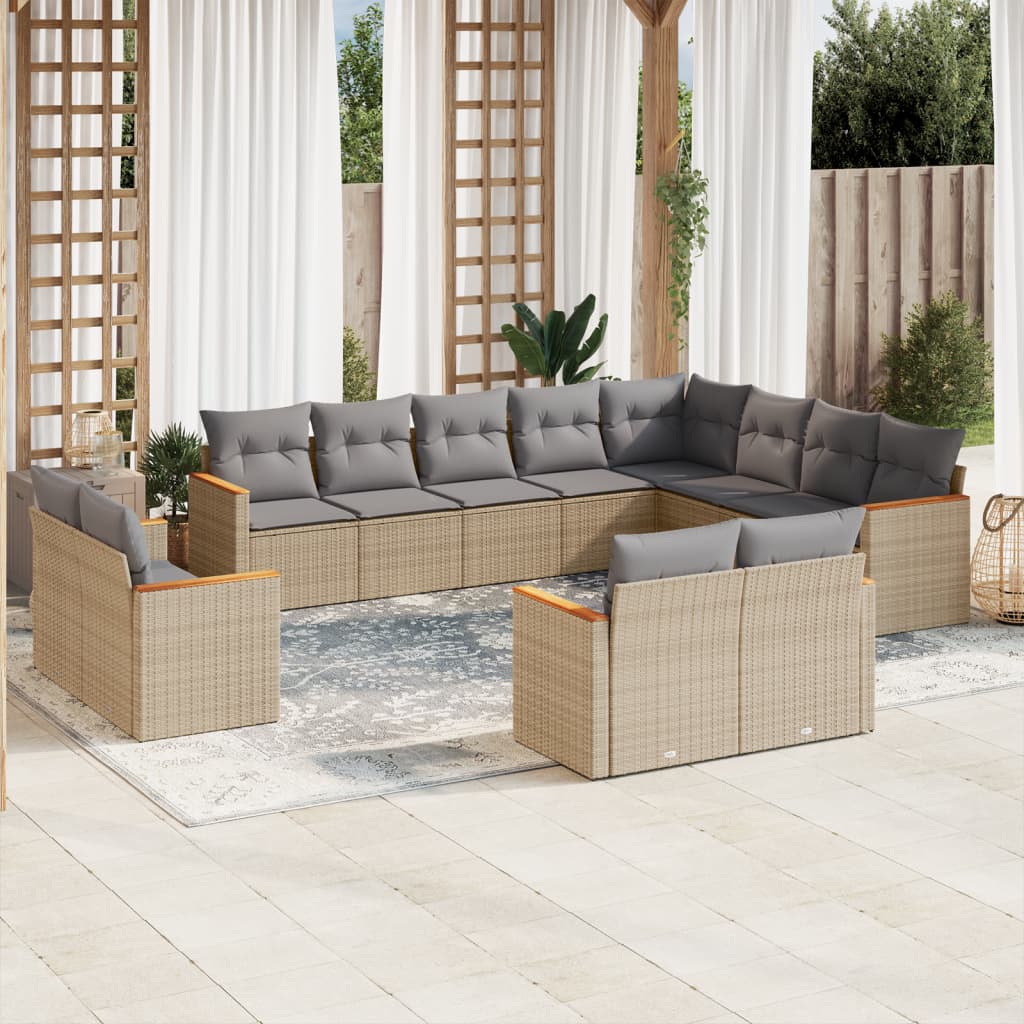 12 Pcs conjunto de sofás p/ jardim com almofadões vime PE bege