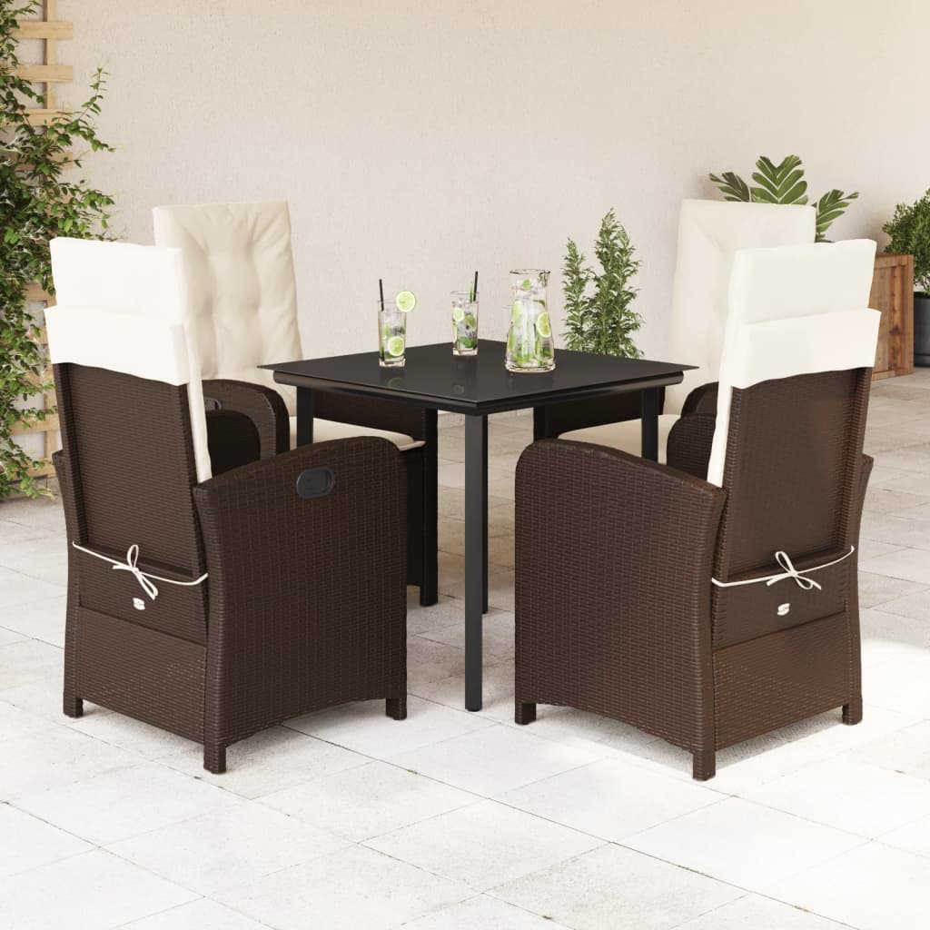 5 Pcs conjunto jantar p/ jardim c/ almofadões vime PE castanho