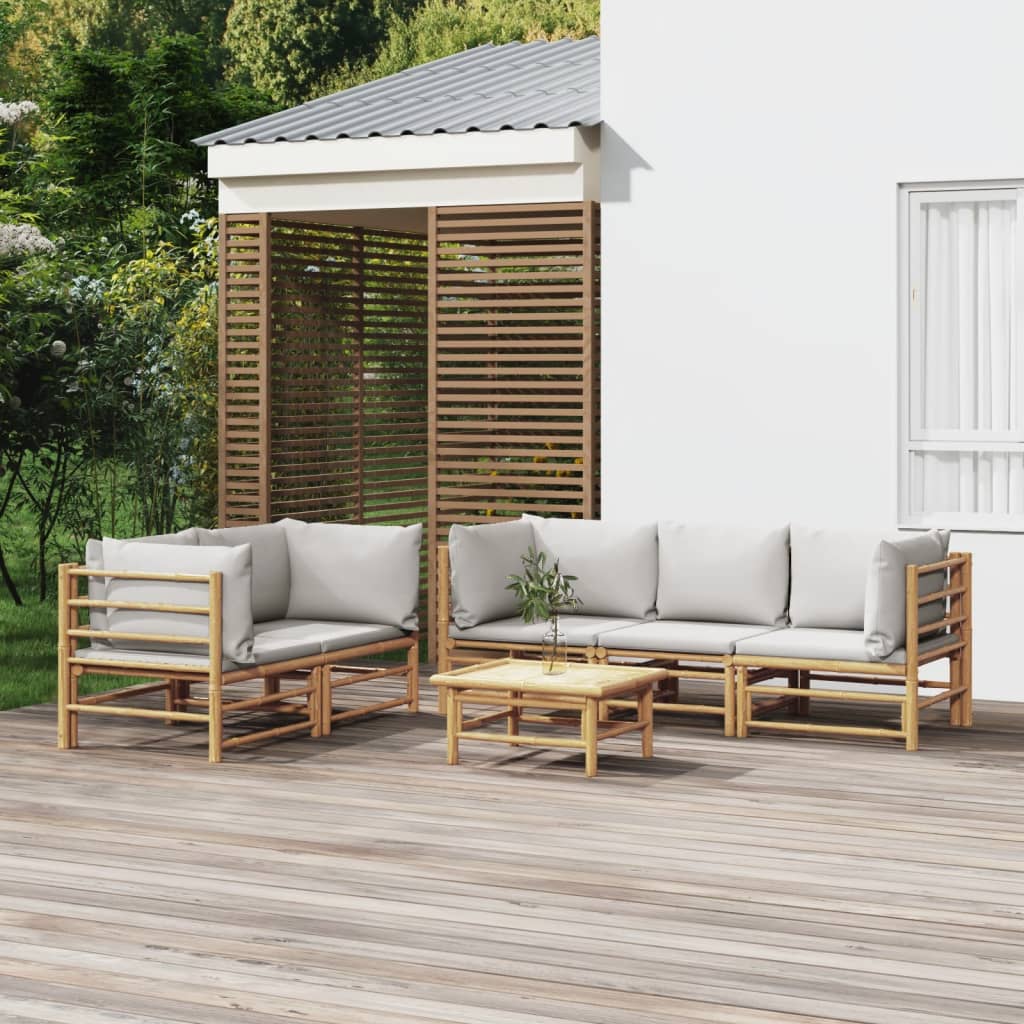 6 Pcs conj. lounge de jardim bambu c/ almofadões cinzento-claro
