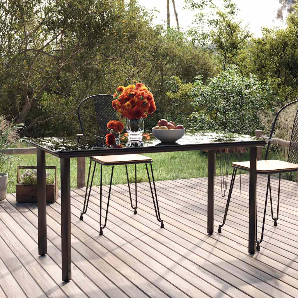 Mesa de jantar de jardim preta, 200x100x74cm, em aço e vidro temperado