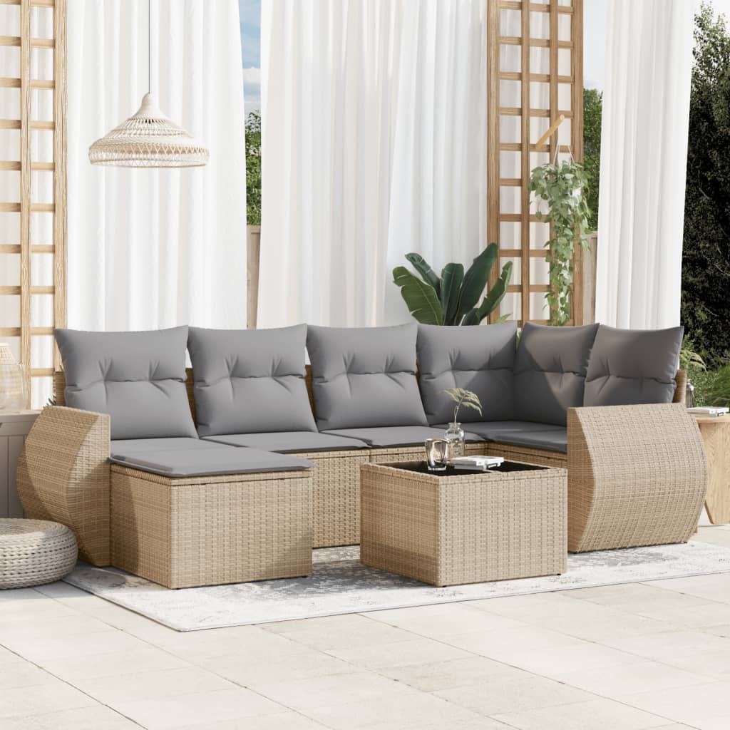 7 Pcs conjunto de sofás p/ jardim com almofadões vime PE bege