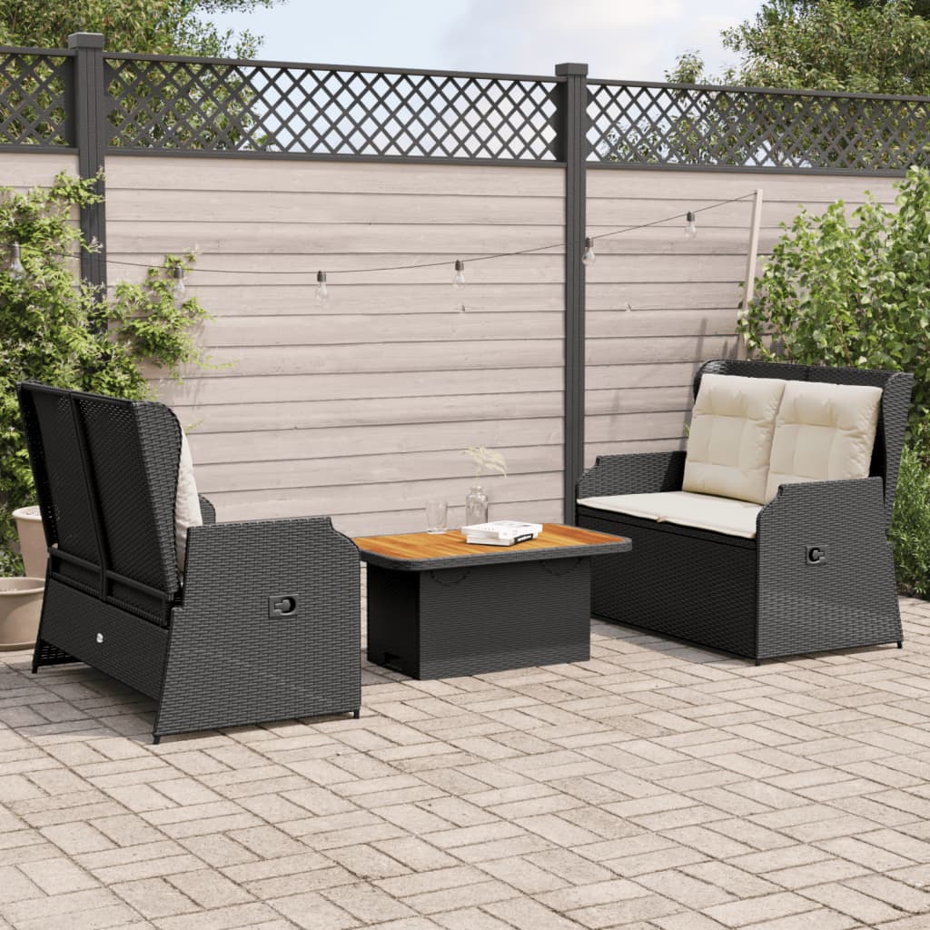 3 Pcs conjunto lounge de jardim c/ almofadões vime PE preto