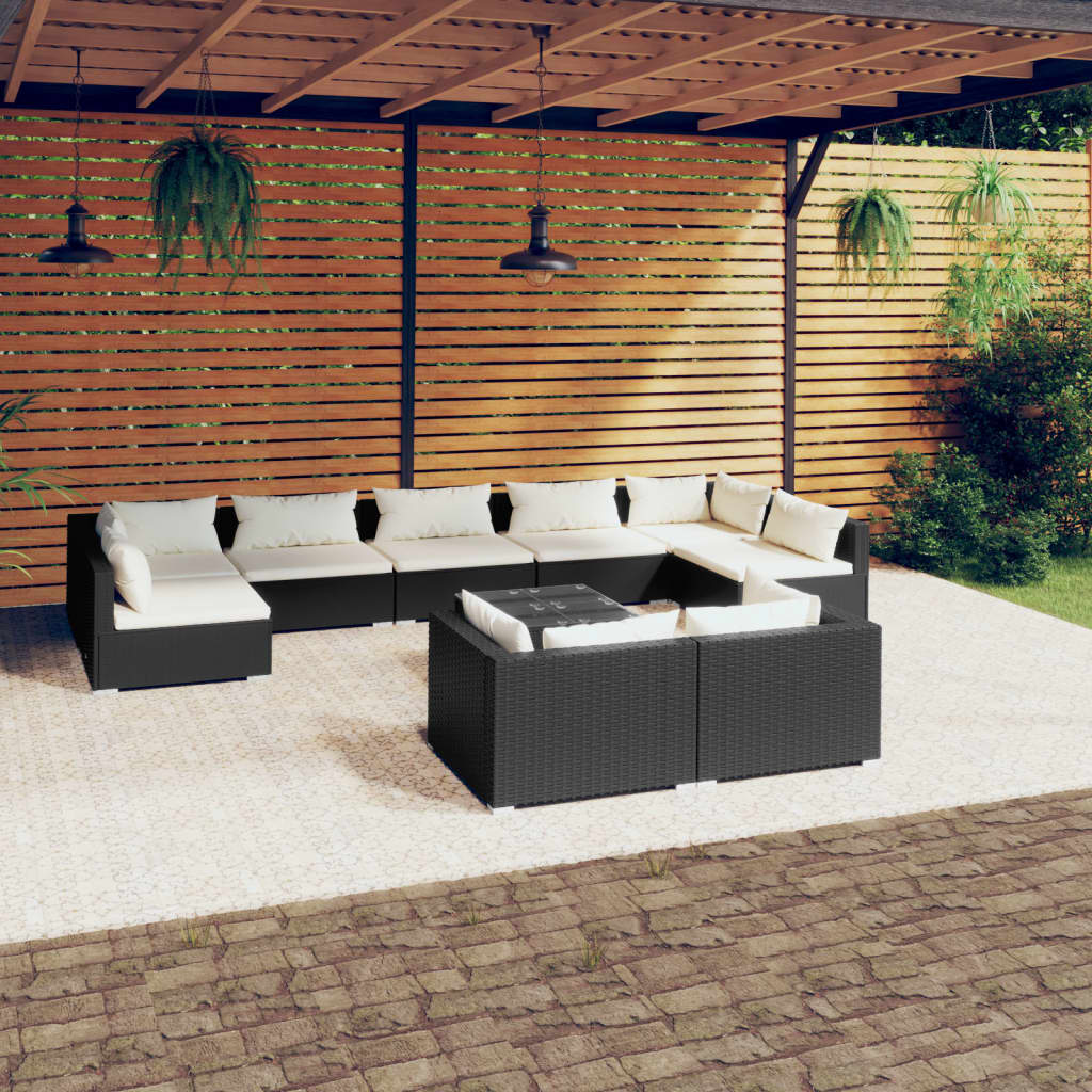 10 Pcs conjunto lounge de jardim c/ almofadões vime PE preto