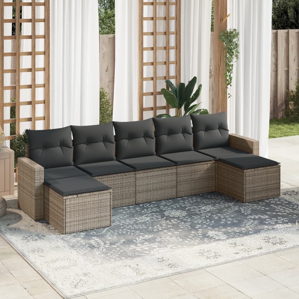 7 Pcs conjunto sofás p/ jardim c/ almofadões vime PE cinzento