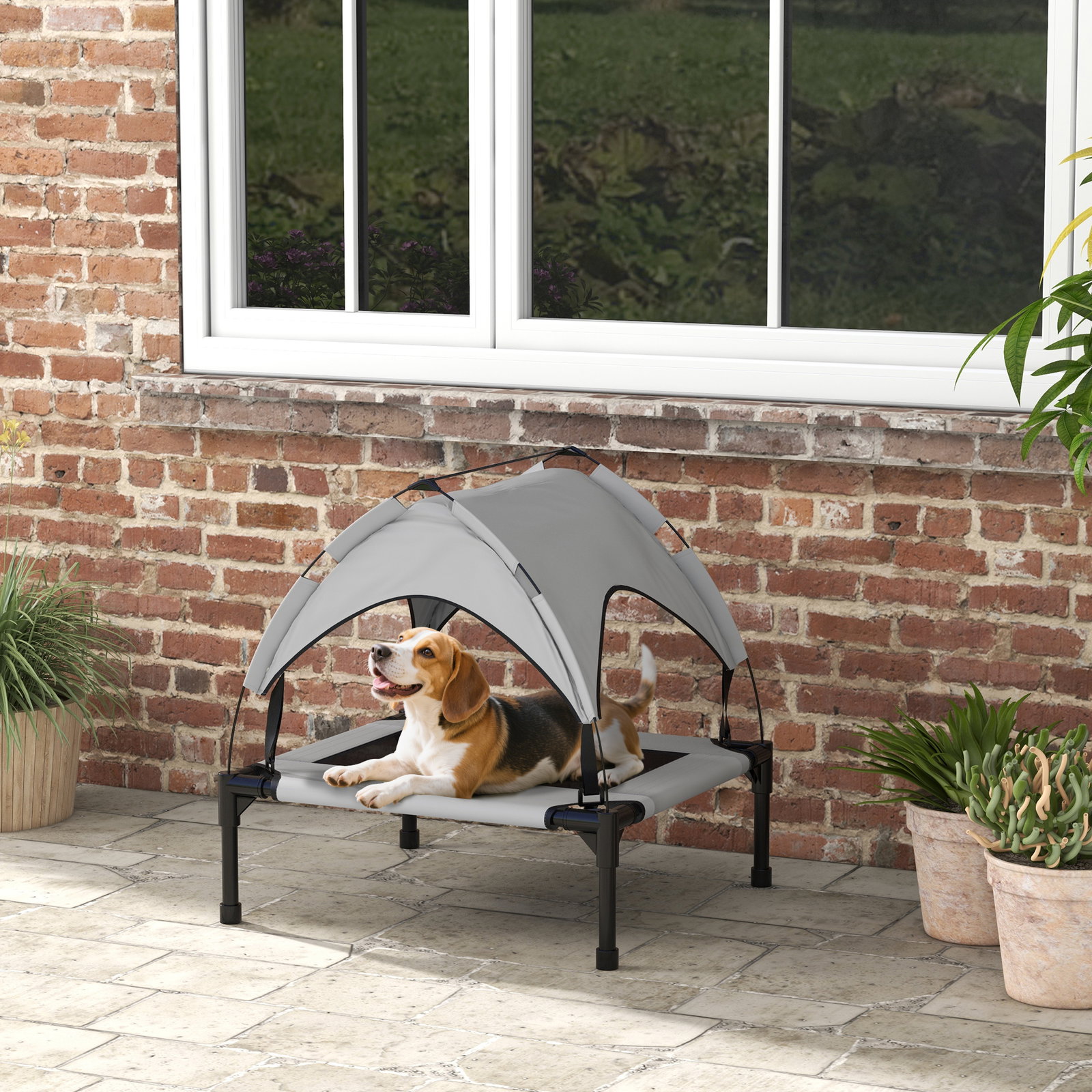 Cama para cães elevada com toldo para cães médios com estrutura de aço e bolsa de transporte 76x61x69,5 cm cinza claro
