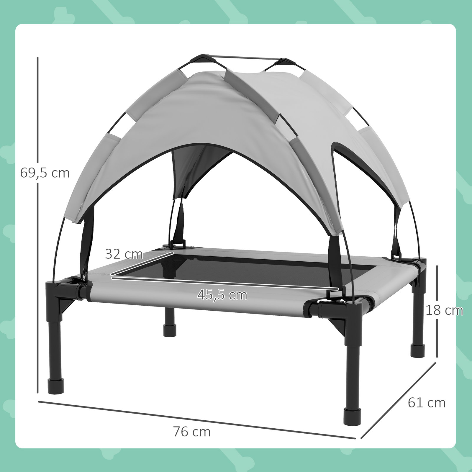 Cama para cães elevada com toldo para cães médios com estrutura de aço e bolsa de transporte 76x61x69,5 cm cinza claro
