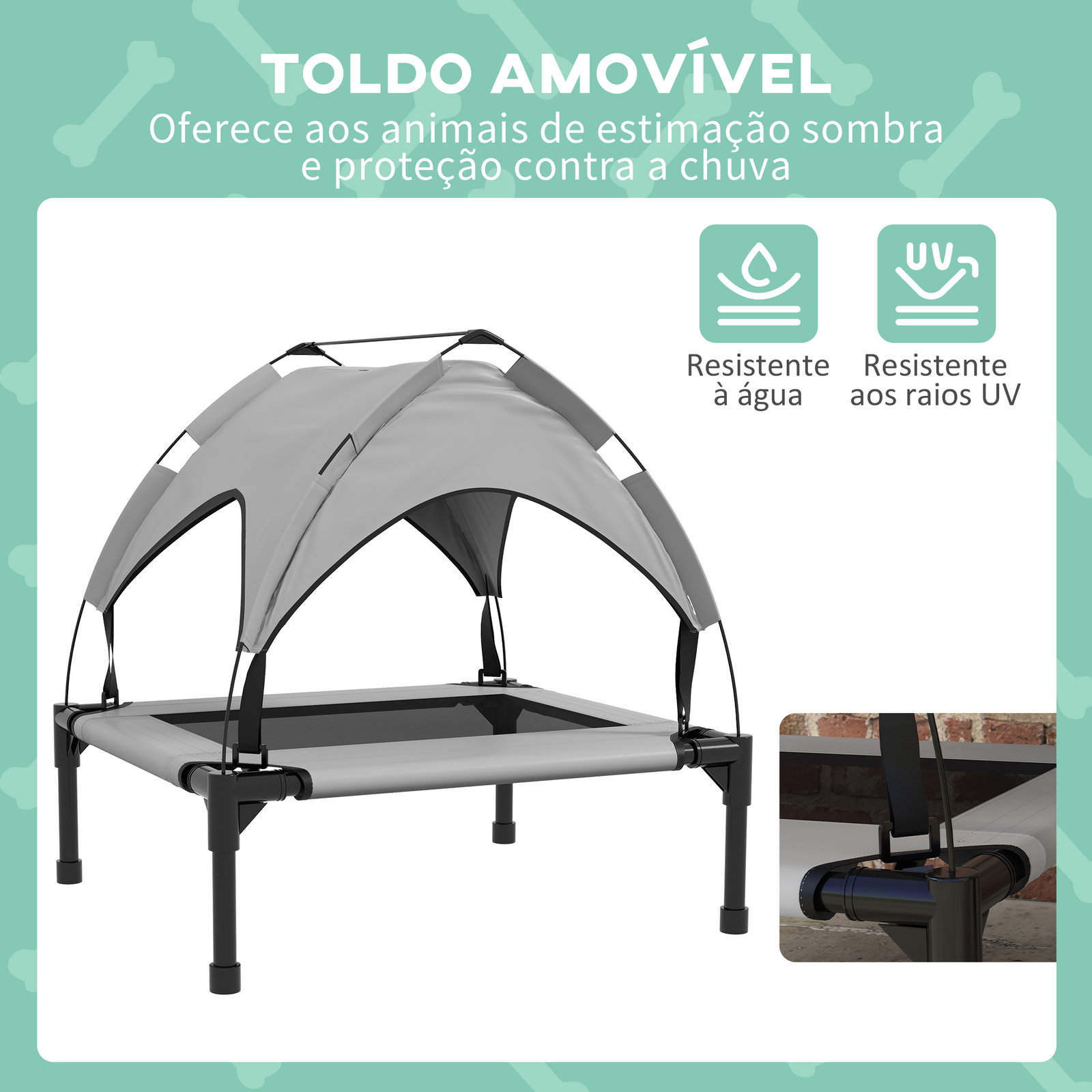 Cama para cães elevada com toldo para cães médios com estrutura de aço e bolsa de transporte 76x61x69,5 cm cinza claro