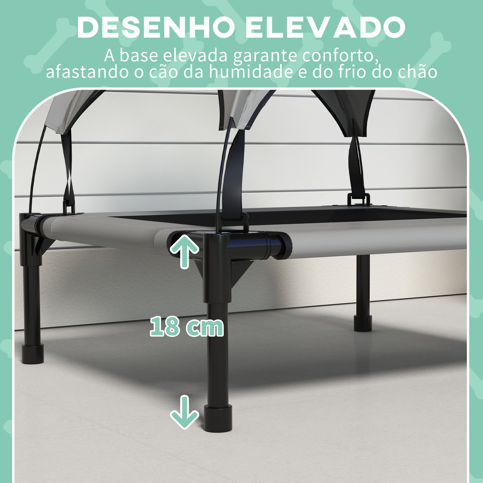 Cama para cães elevada com toldo para cães médios com estrutura de aço e bolsa de transporte 76x61x69,5 cm cinza claro