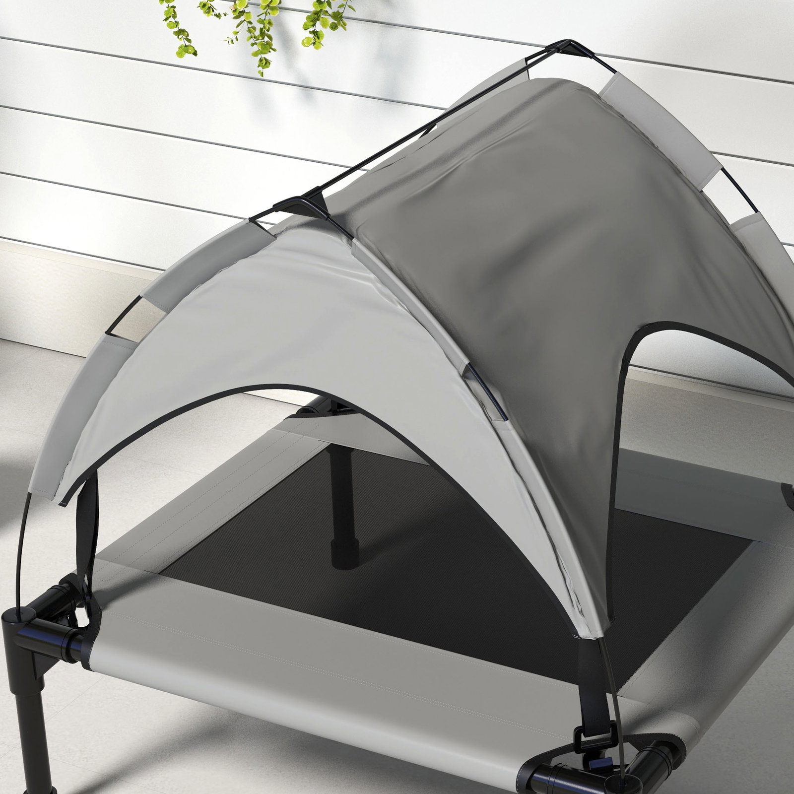 Cama para cães elevada com toldo para cães médios com estrutura de aço e bolsa de transporte 76x61x69,5 cm cinza claro