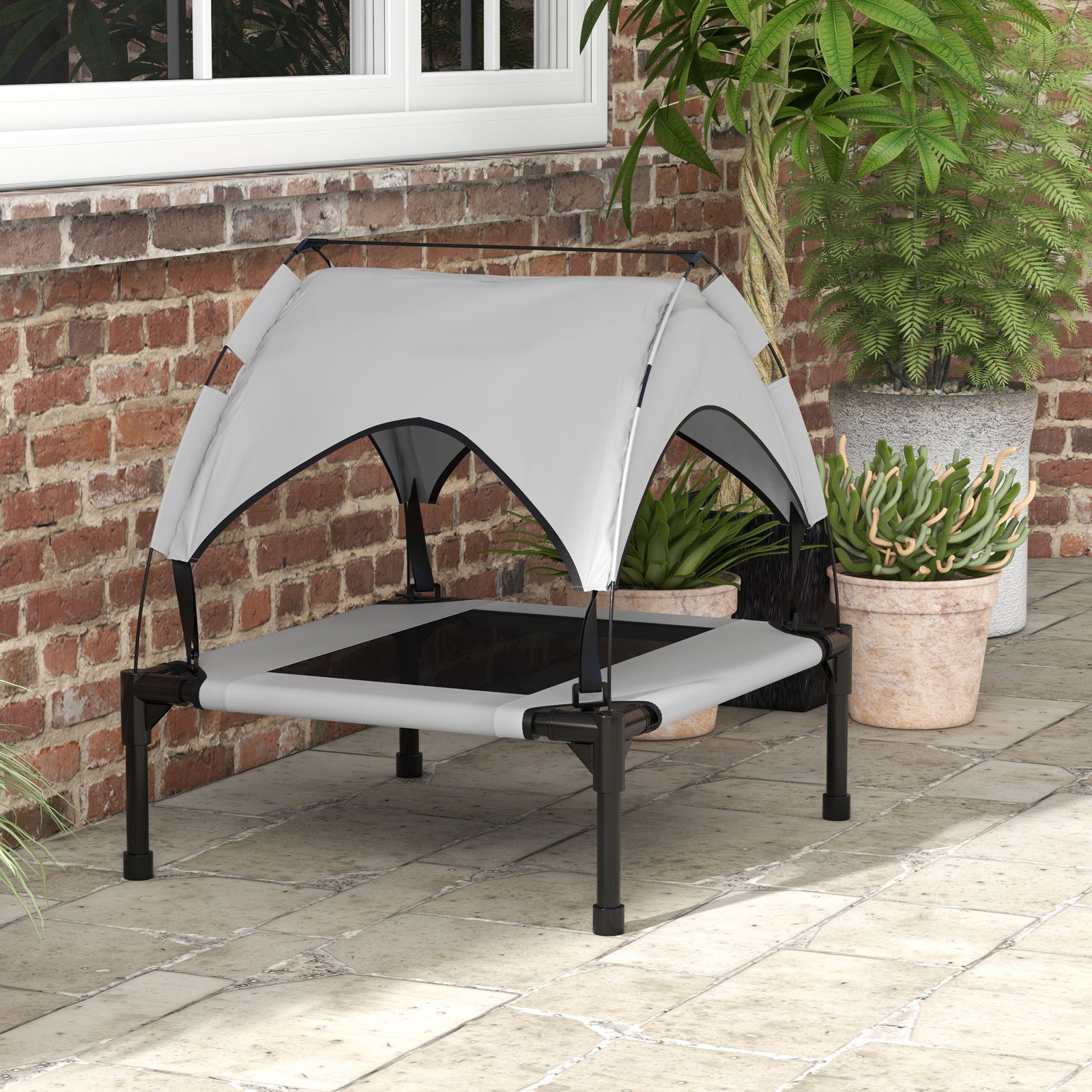 Cama para cães elevada com toldo para cães médios com estrutura de aço e bolsa de transporte 76x61x69,5 cm cinza claro
