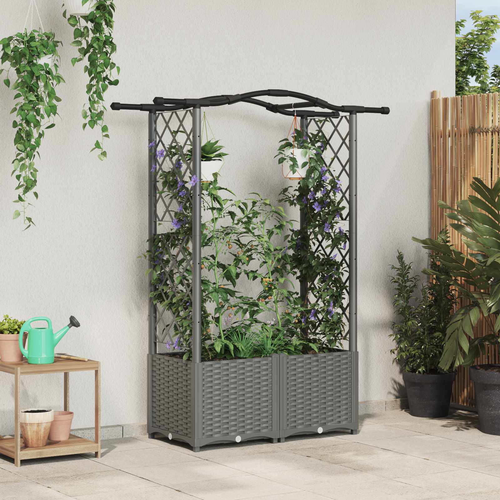 Cama elevada com treliça e telhado cinzento-claro PP
