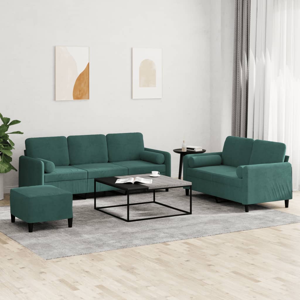 3 Pcs conjunto de sofás com almofadas veludo verde-escuro