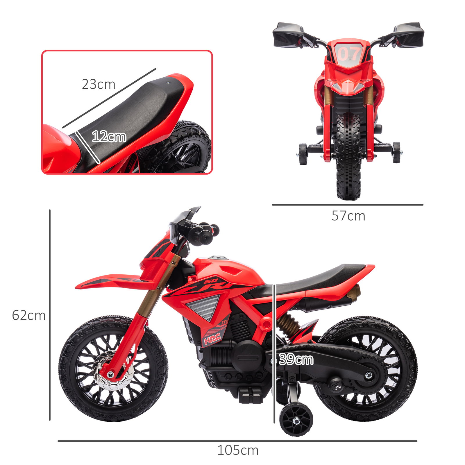Mota elétrica para crianças moto a bateria para crianças 6v com rodas de treino e buzina 105x57x62 cm vermelha