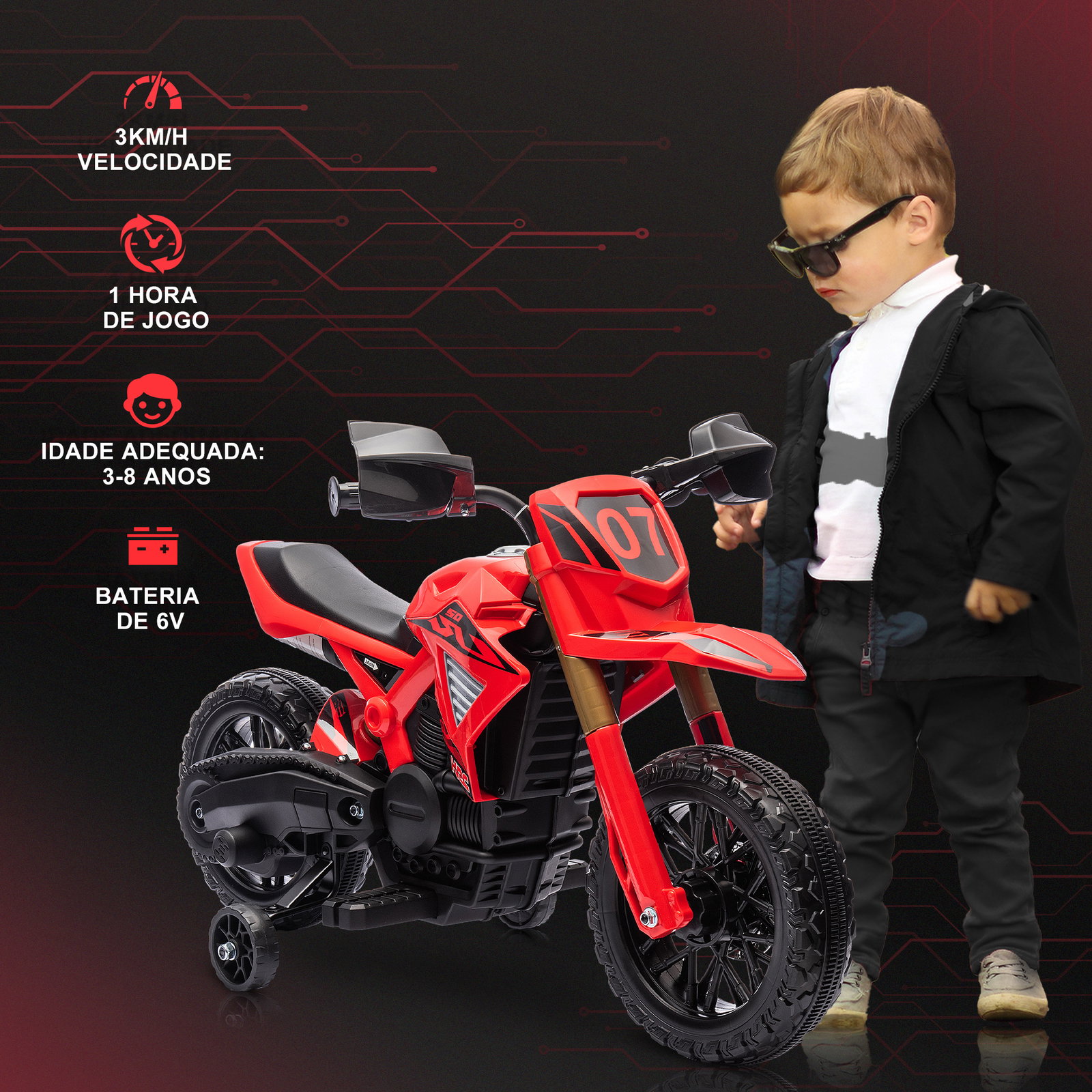Mota elétrica para crianças moto a bateria para crianças 6v com rodas de treino e buzina 105x57x62 cm vermelha