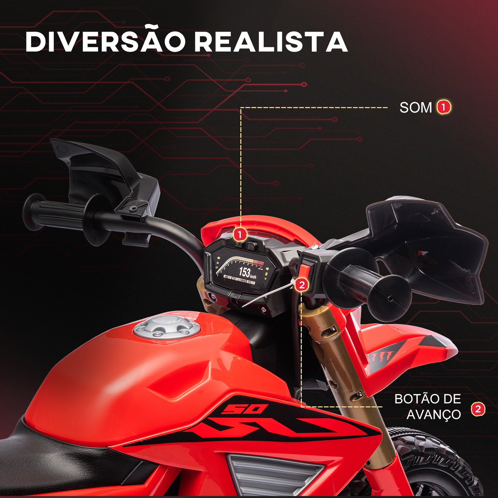 Mota elétrica para crianças moto a bateria para crianças 6v com rodas de treino e buzina 105x57x62 cm vermelha