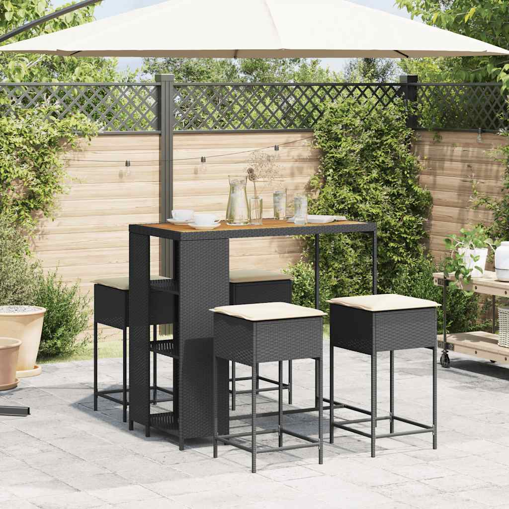 5 Pcs conjunto de bar p/ jardim c/ almofadões vime PE preto