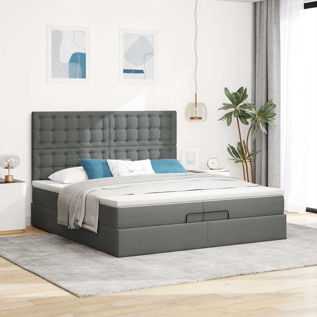 Estrutura de cama otomana com colchões tecido cinzento escuro