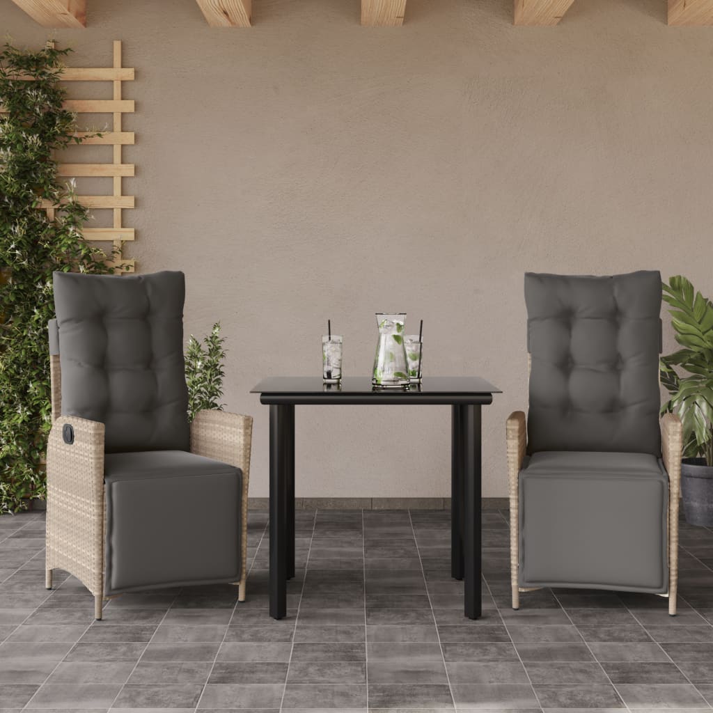 3 Pcs conjunto de jantar p/ jardim c/ almofadões cinzento claro