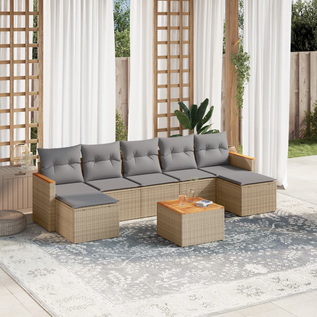 8 Pcs conj. sofás jardim c/ almofadões vime PE bege misturado