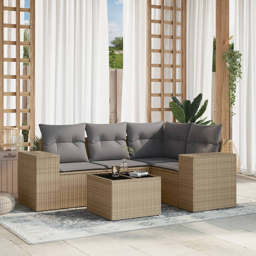 5 Pcs conjunto de sofás p/ jardim com almofadões vime PE bege