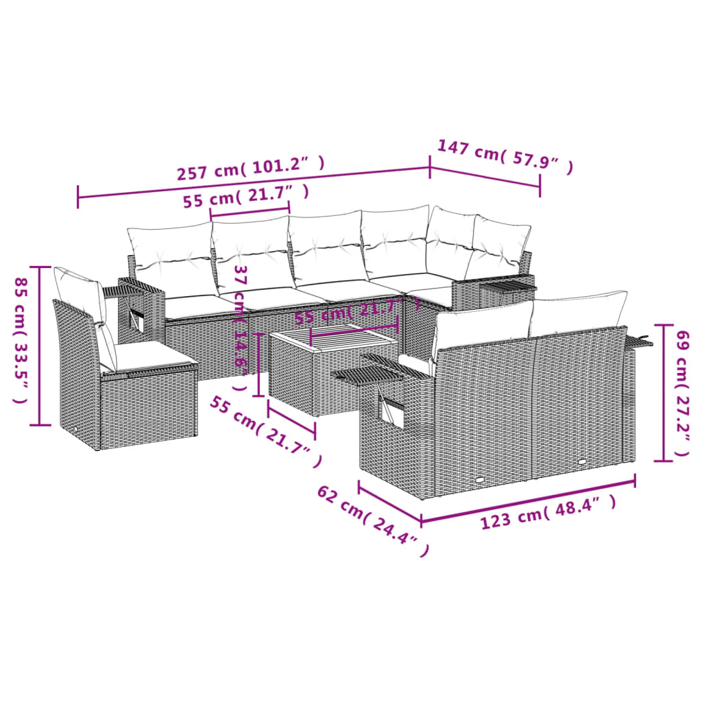 9 Pcs conjunto de sofás p/ jardim c/ almofadões vime PE preto