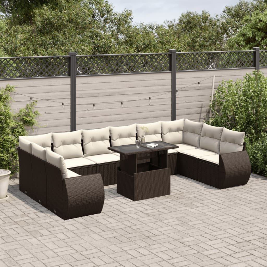 11 Pcs conjunto sofás de jardim c/ almofadões vime PE castanho