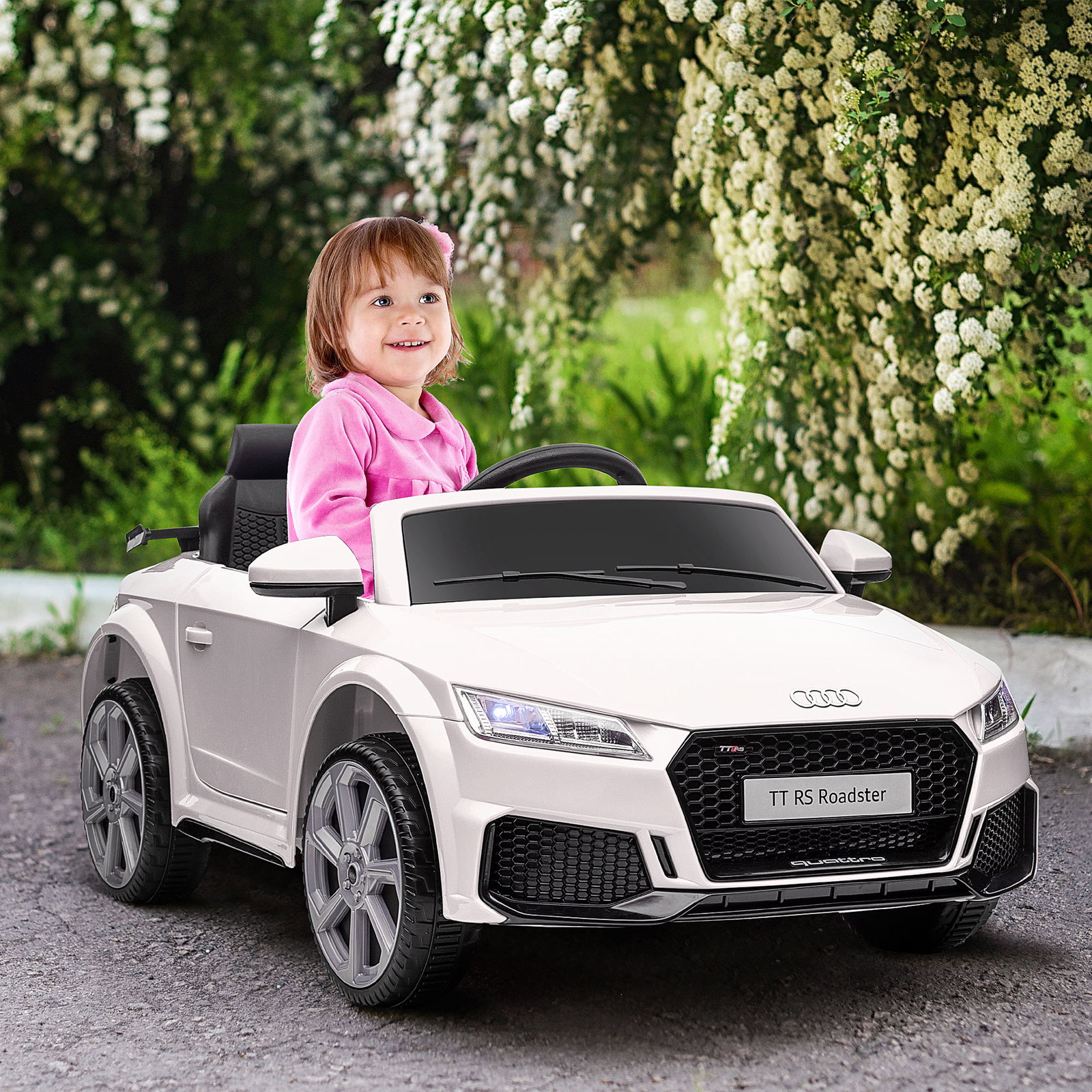 Carro elétrico audi tt para crianças acima de 3 anos com controlo remoto música e luzes bateria 12v 102x60x44 cm branco