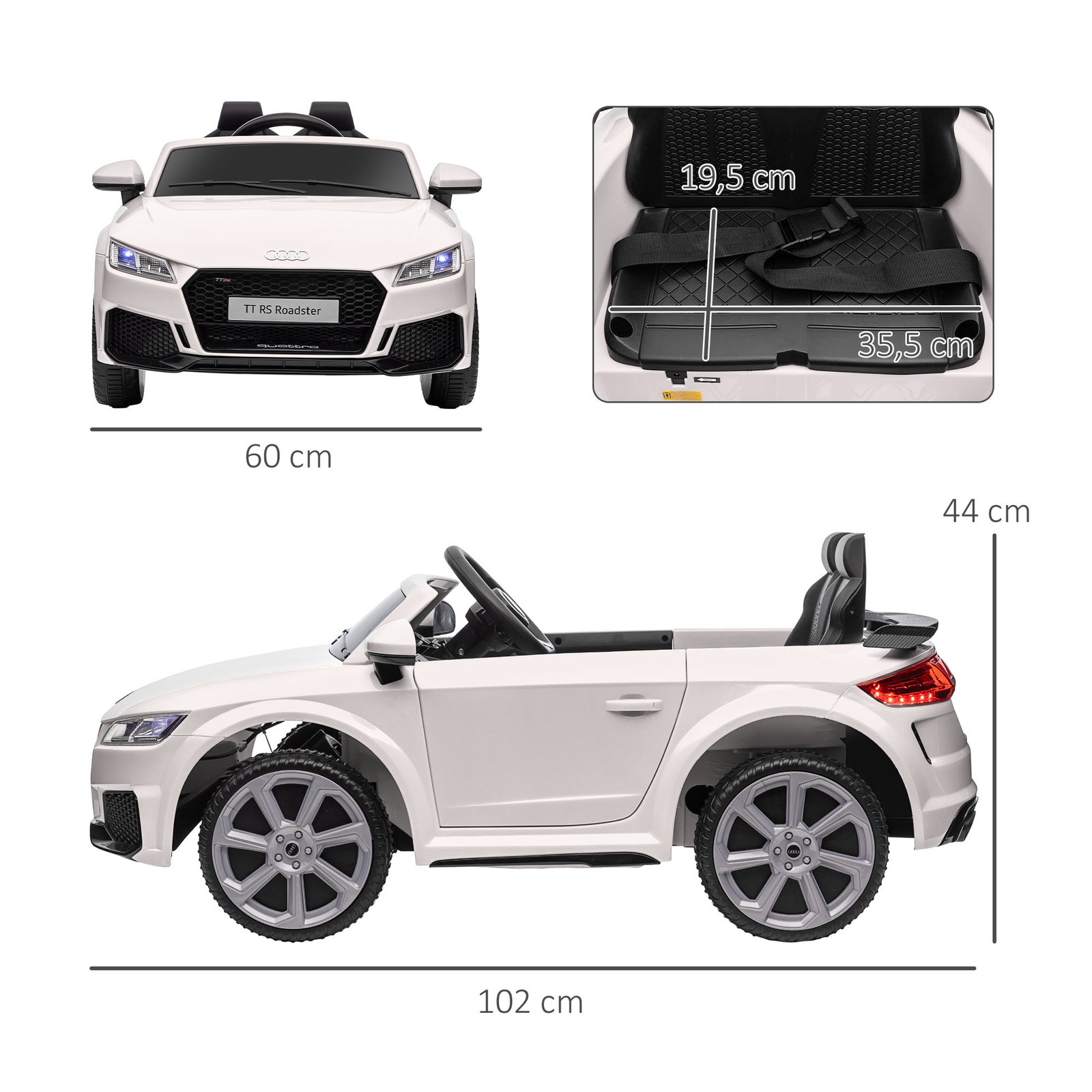Carro elétrico audi tt para crianças acima de 3 anos com controlo remoto música e luzes bateria 12v 102x60x44 cm branco