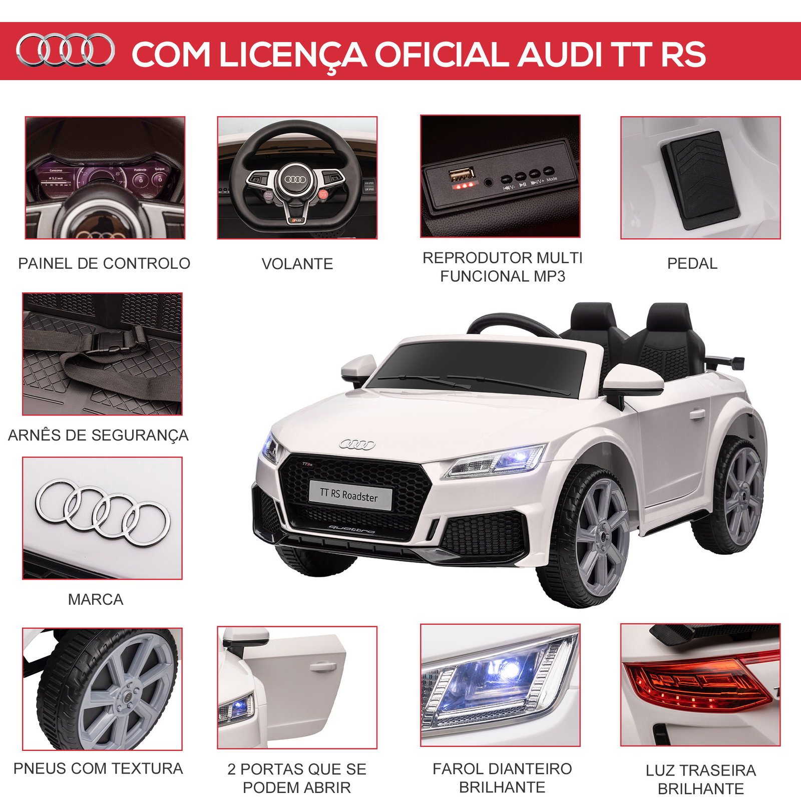 Carro elétrico audi tt para crianças acima de 3 anos com controlo remoto música e luzes bateria 12v 102x60x44 cm branco