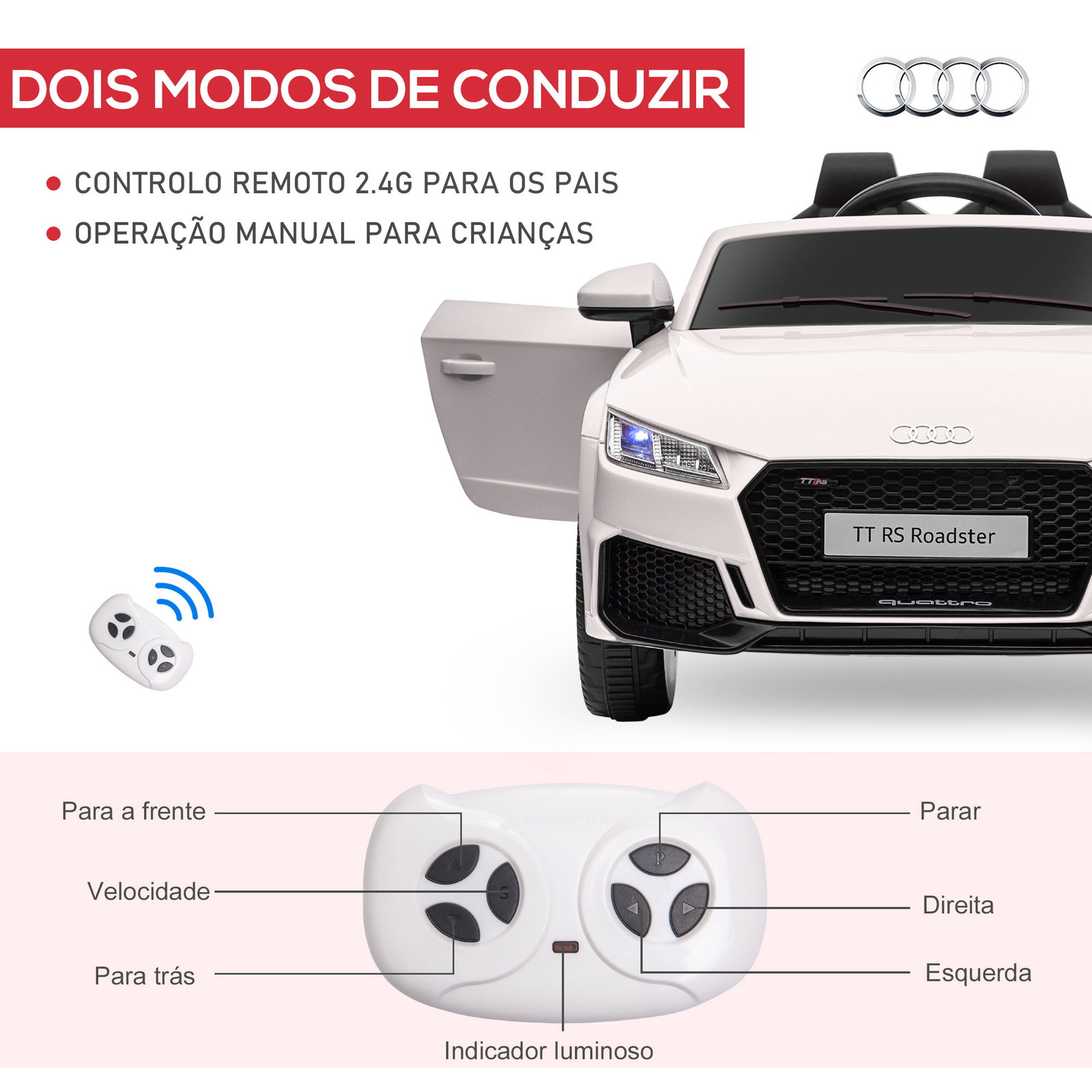 Carro elétrico audi tt para crianças acima de 3 anos com controlo remoto música e luzes bateria 12v 102x60x44 cm branco