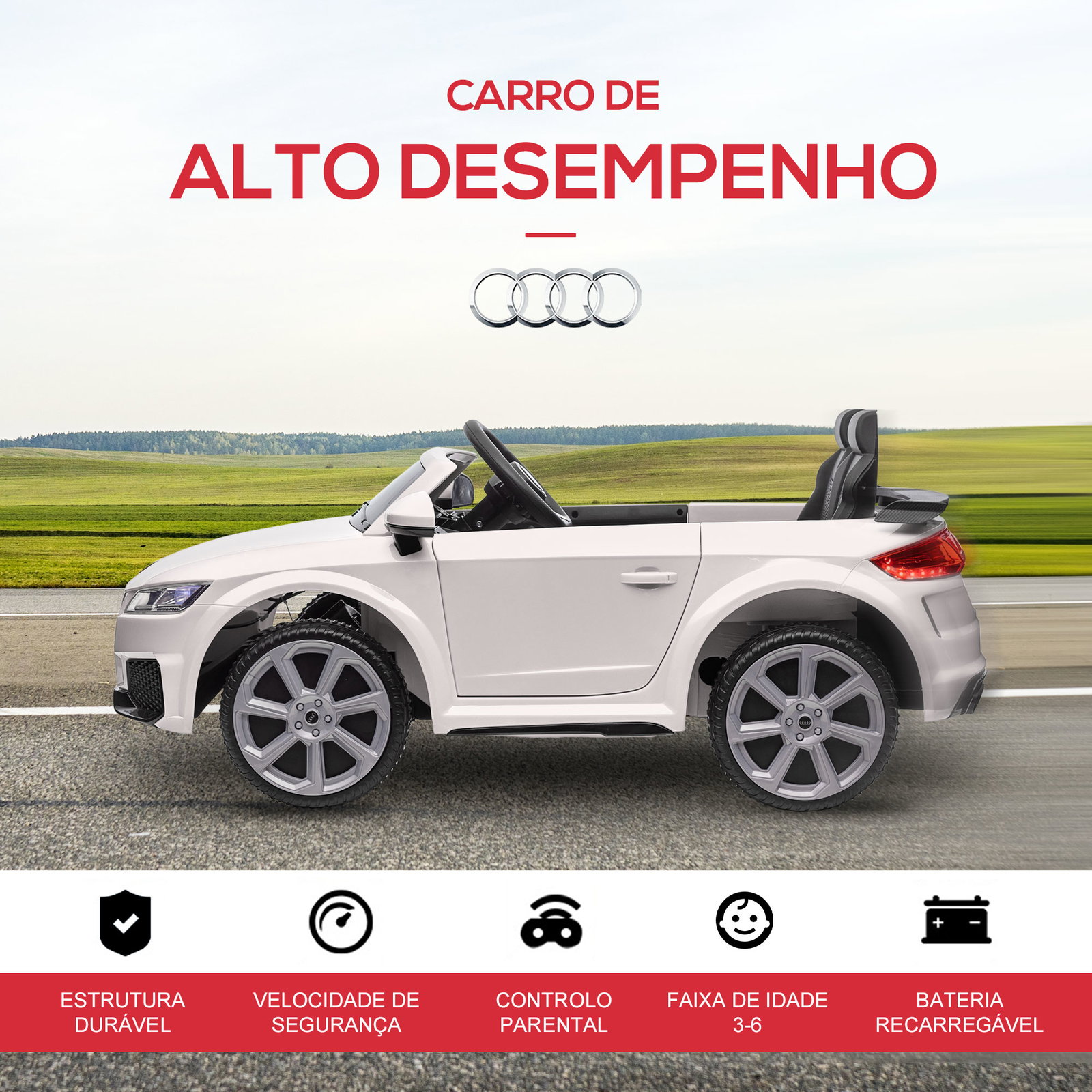 Carro elétrico audi tt para crianças acima de 3 anos com controlo remoto música e luzes bateria 12v 102x60x44 cm branco