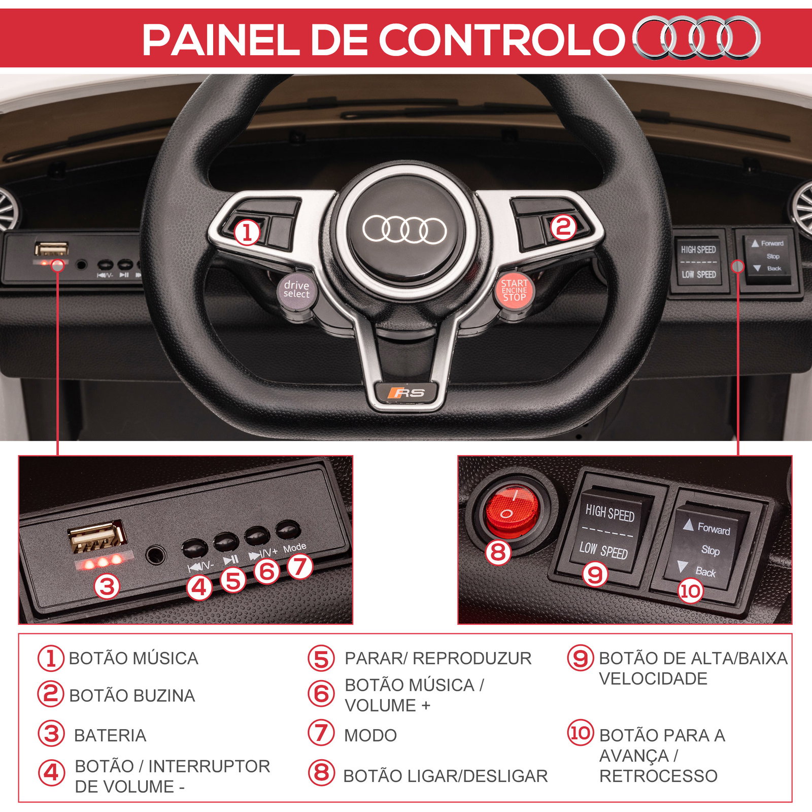 Carro elétrico audi tt para crianças acima de 3 anos com controlo remoto música e luzes bateria 12v 102x60x44 cm branco