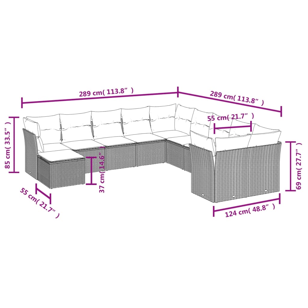 11 Pcs conjunto sofás de jardim c/ almofadões vime PE bege