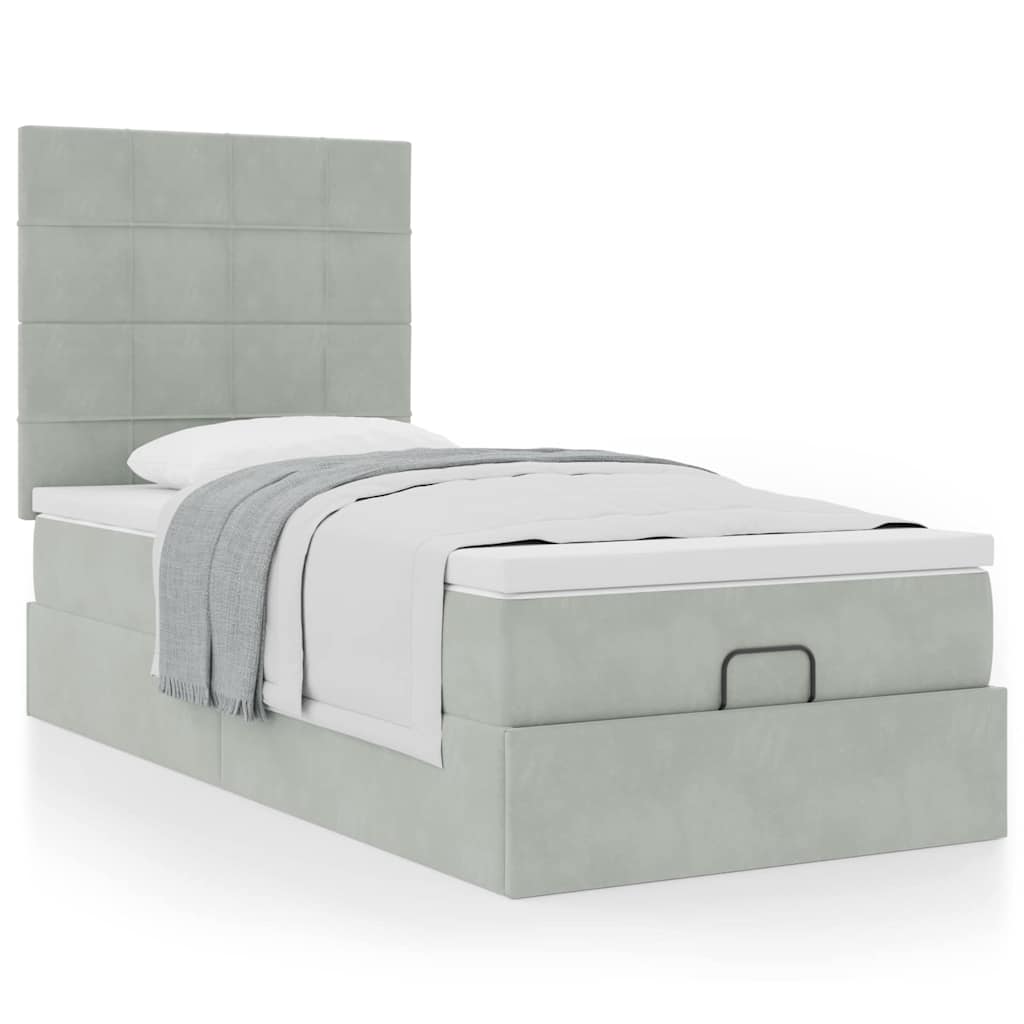 Estrutura de cama otomana com colchões cinza claro veludo