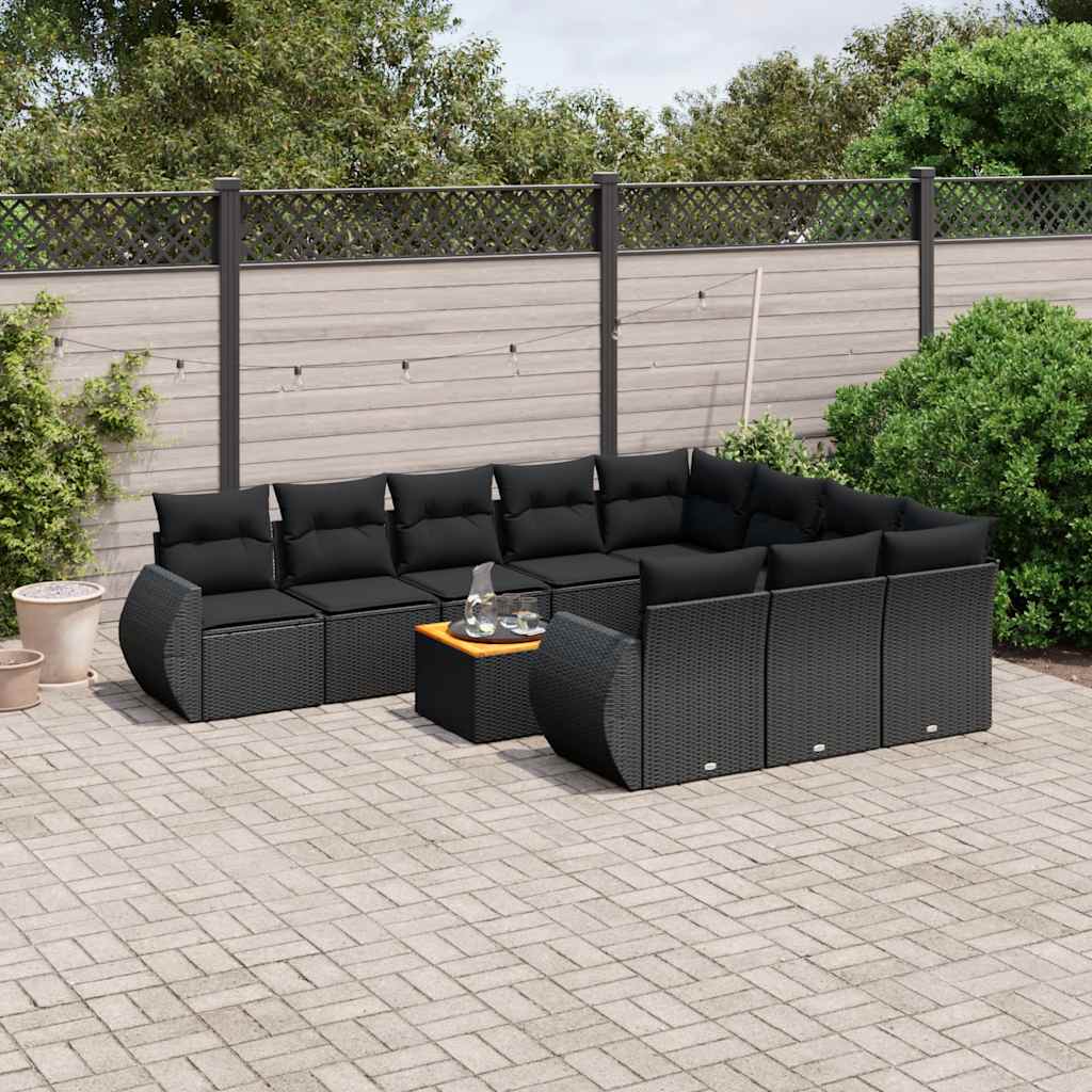 11 Pcs conjunto sofás de jardim c/ almofadões vime PE preto