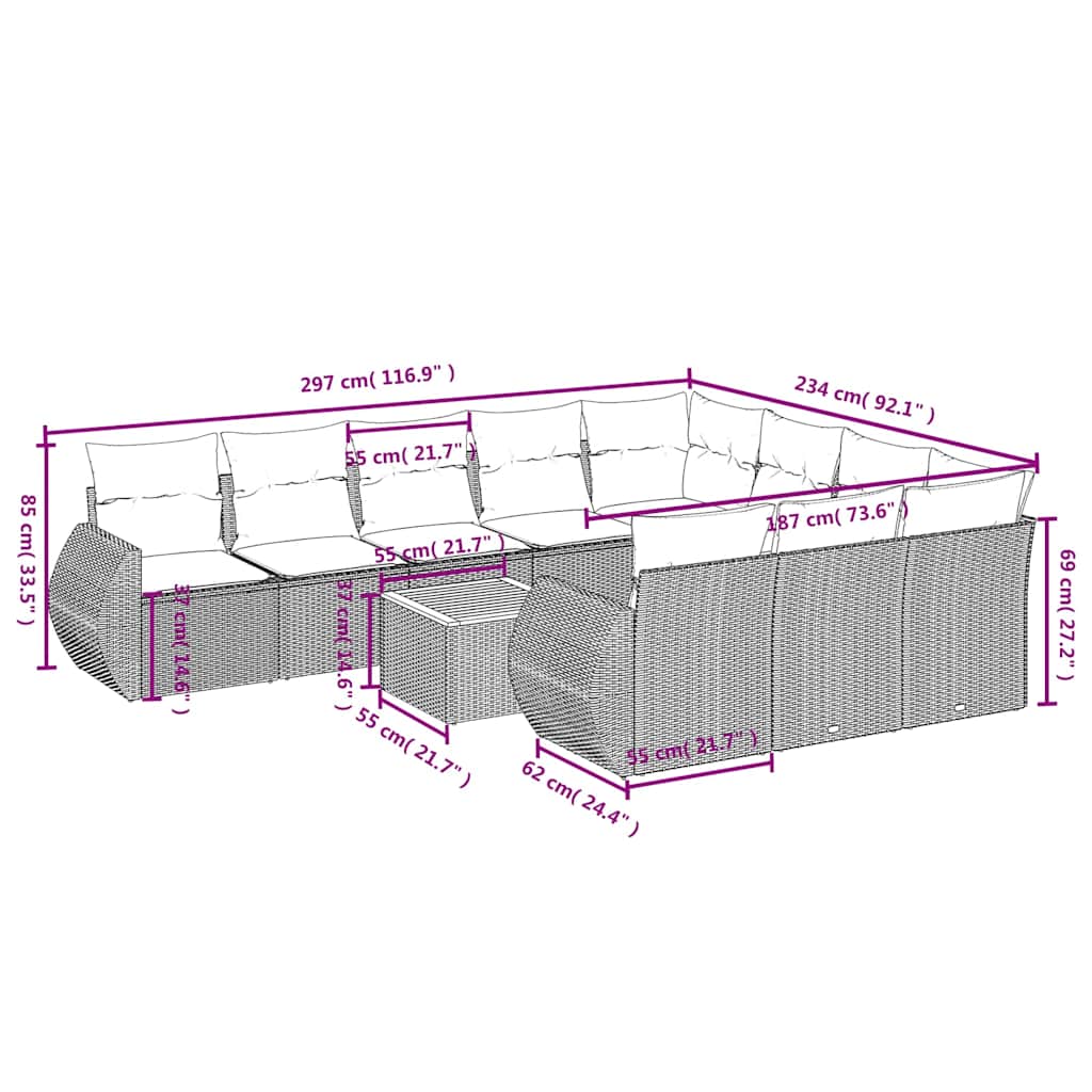 11 Pcs conjunto sofás de jardim c/ almofadões vime PE preto