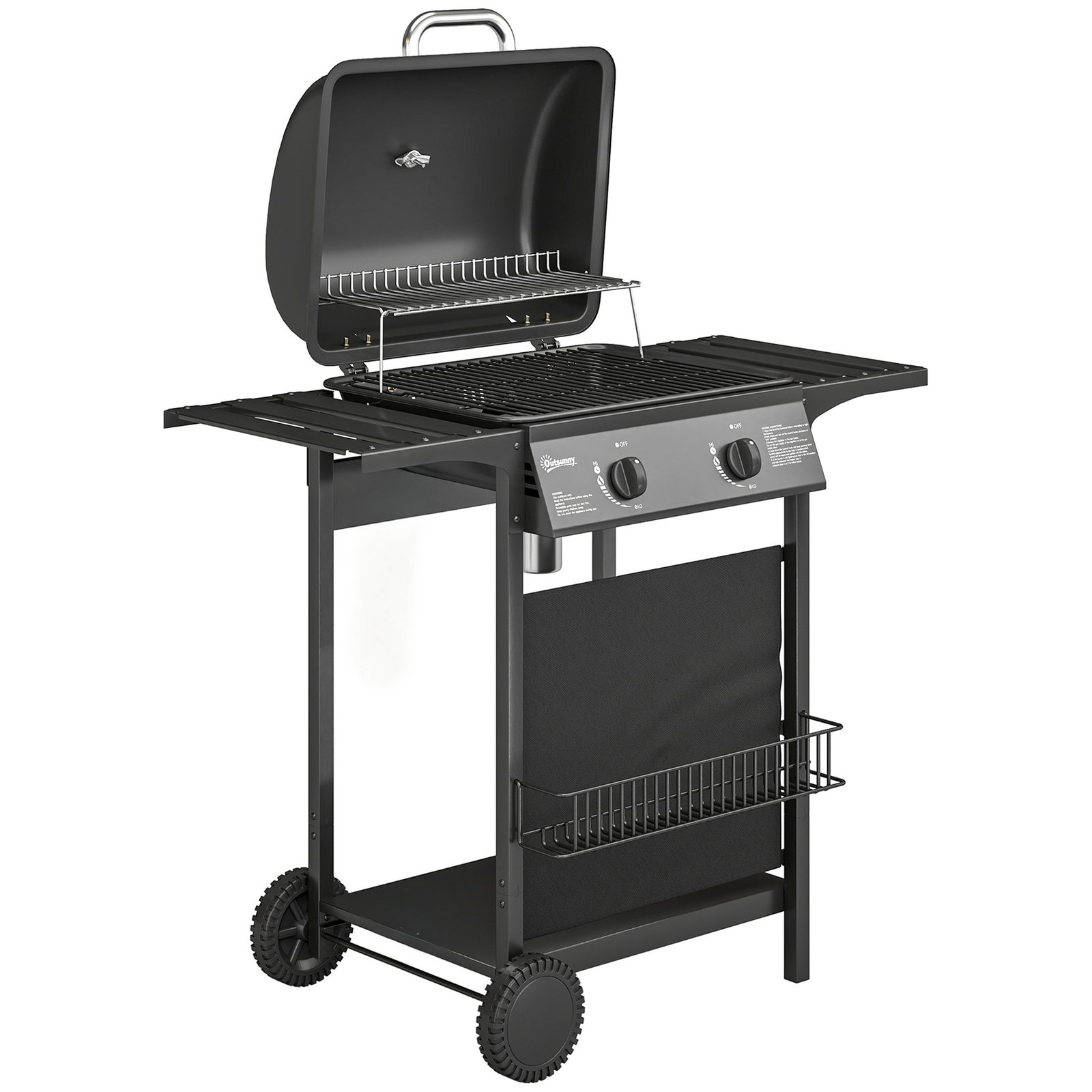 Barbecue a gás bbq com 2 queimadores de 5 kw termómetro mesas laterais prateleira grelha de aquecimento 2 rodas preto