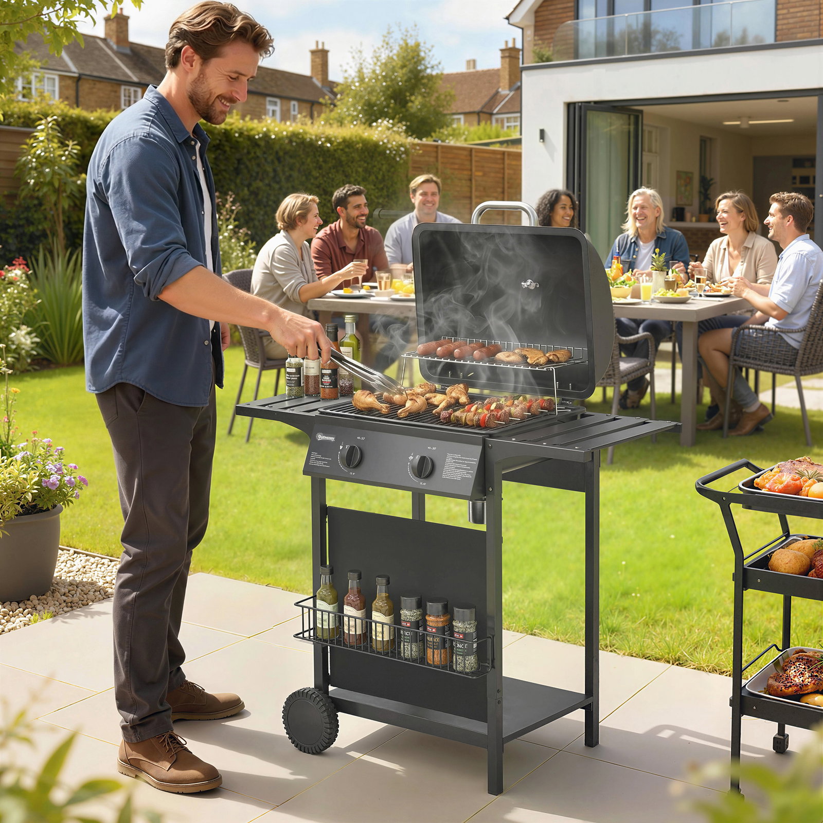 Barbecue a gás bbq com 2 queimadores de 5 kw termómetro mesas laterais prateleira grelha de aquecimento 2 rodas preto