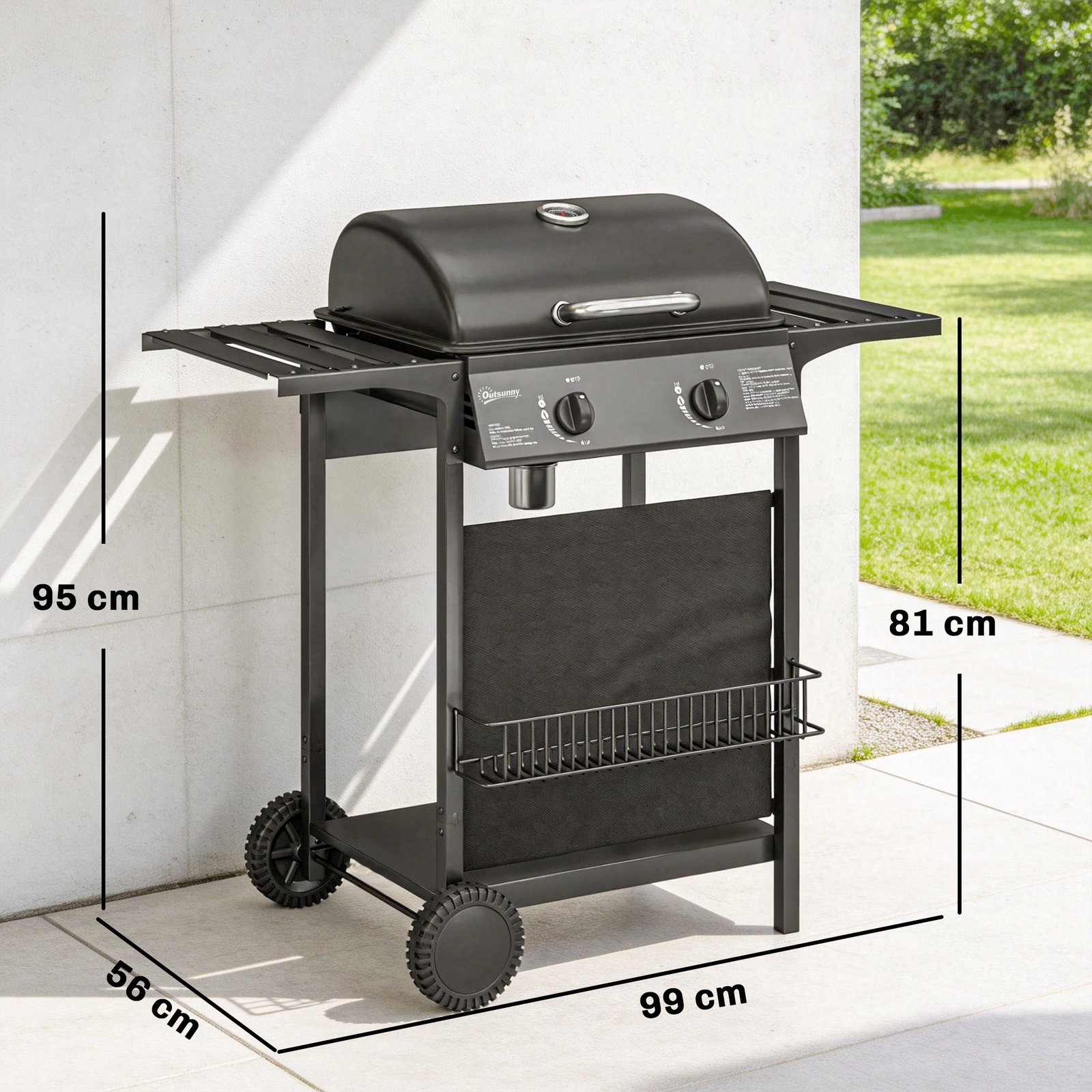 Barbecue a gás bbq com 2 queimadores de 5 kw termómetro mesas laterais prateleira grelha de aquecimento 2 rodas preto