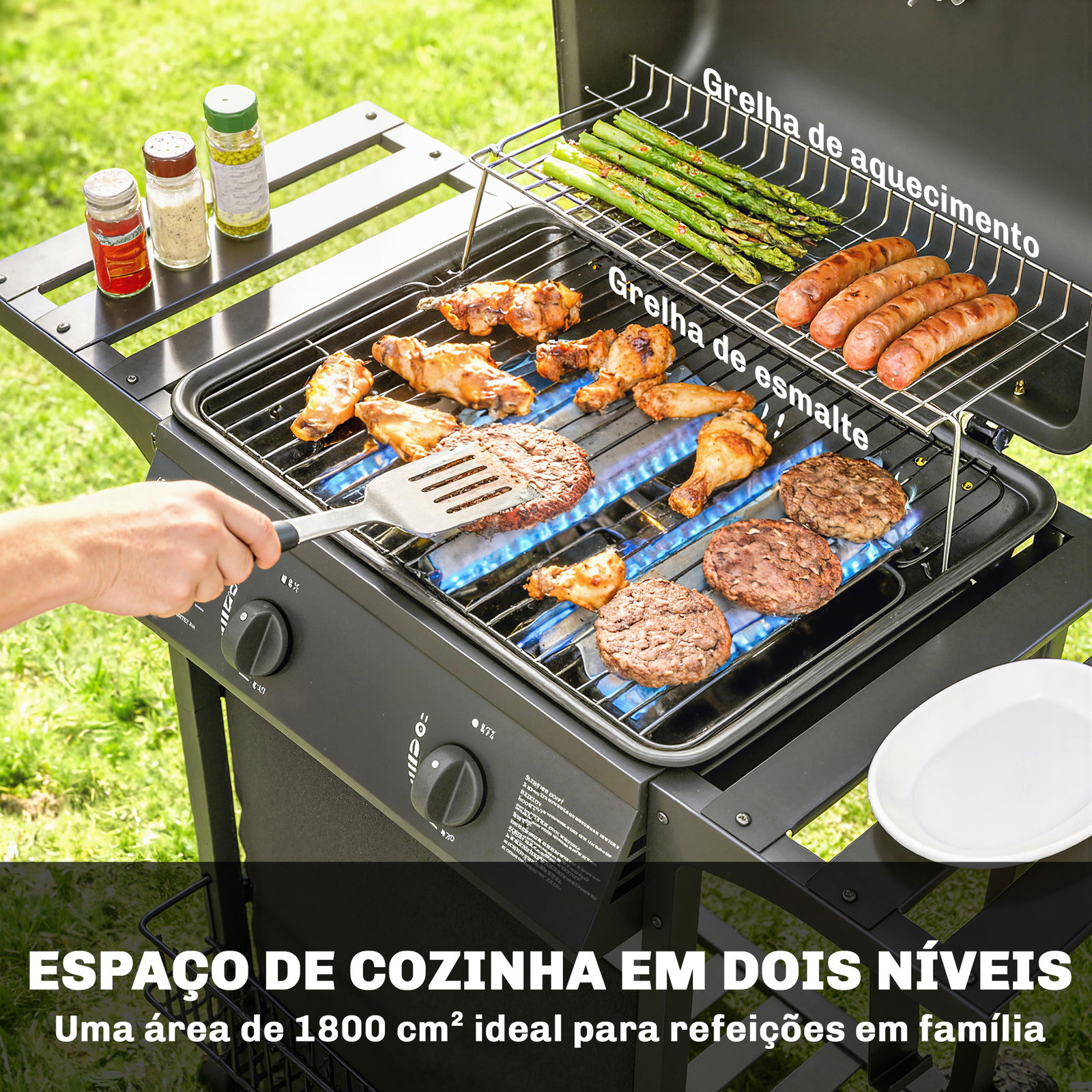 Barbecue a gás bbq com 2 queimadores de 5 kw termómetro mesas laterais prateleira grelha de aquecimento 2 rodas preto
