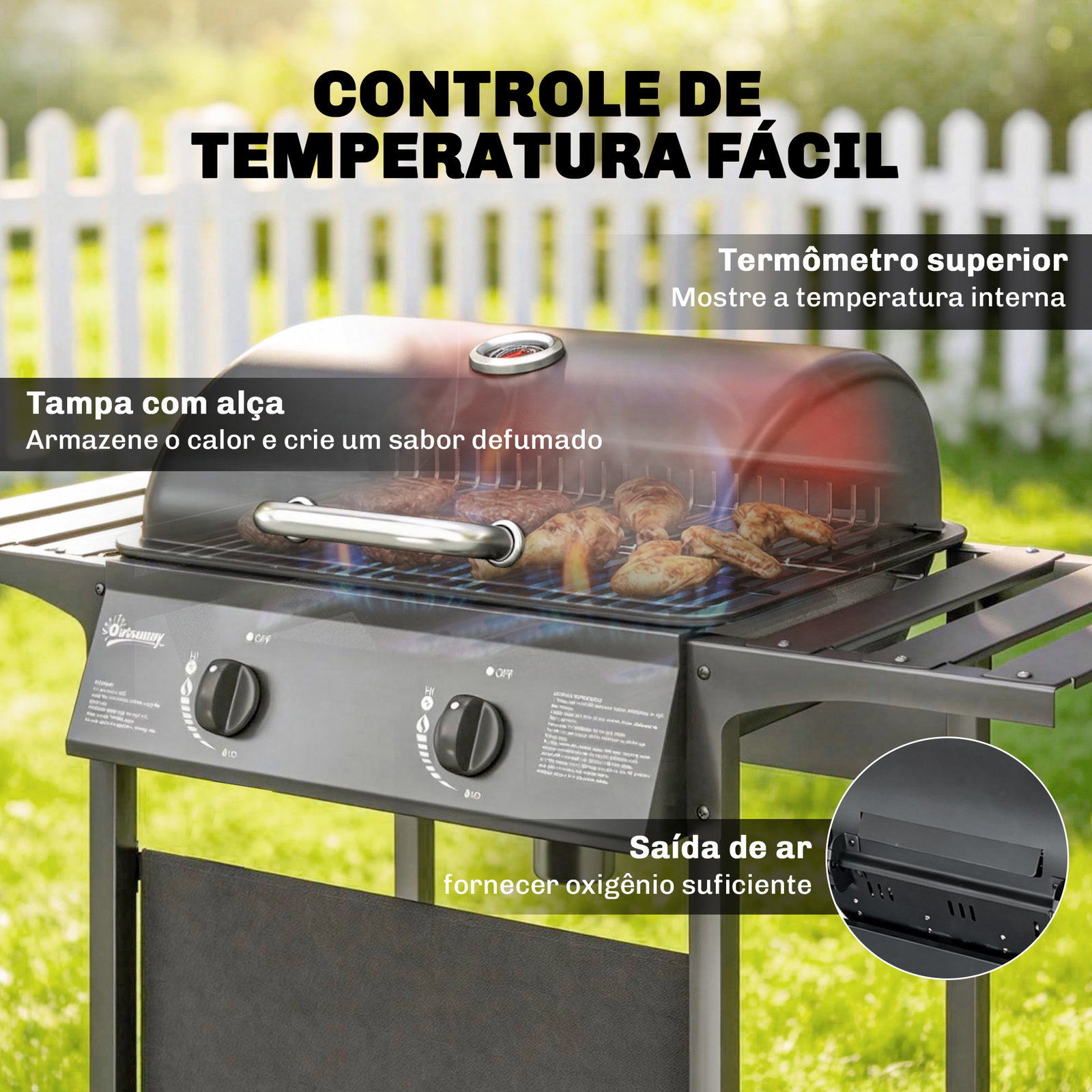 Barbecue a gás bbq com 2 queimadores de 5 kw termómetro mesas laterais prateleira grelha de aquecimento 2 rodas preto