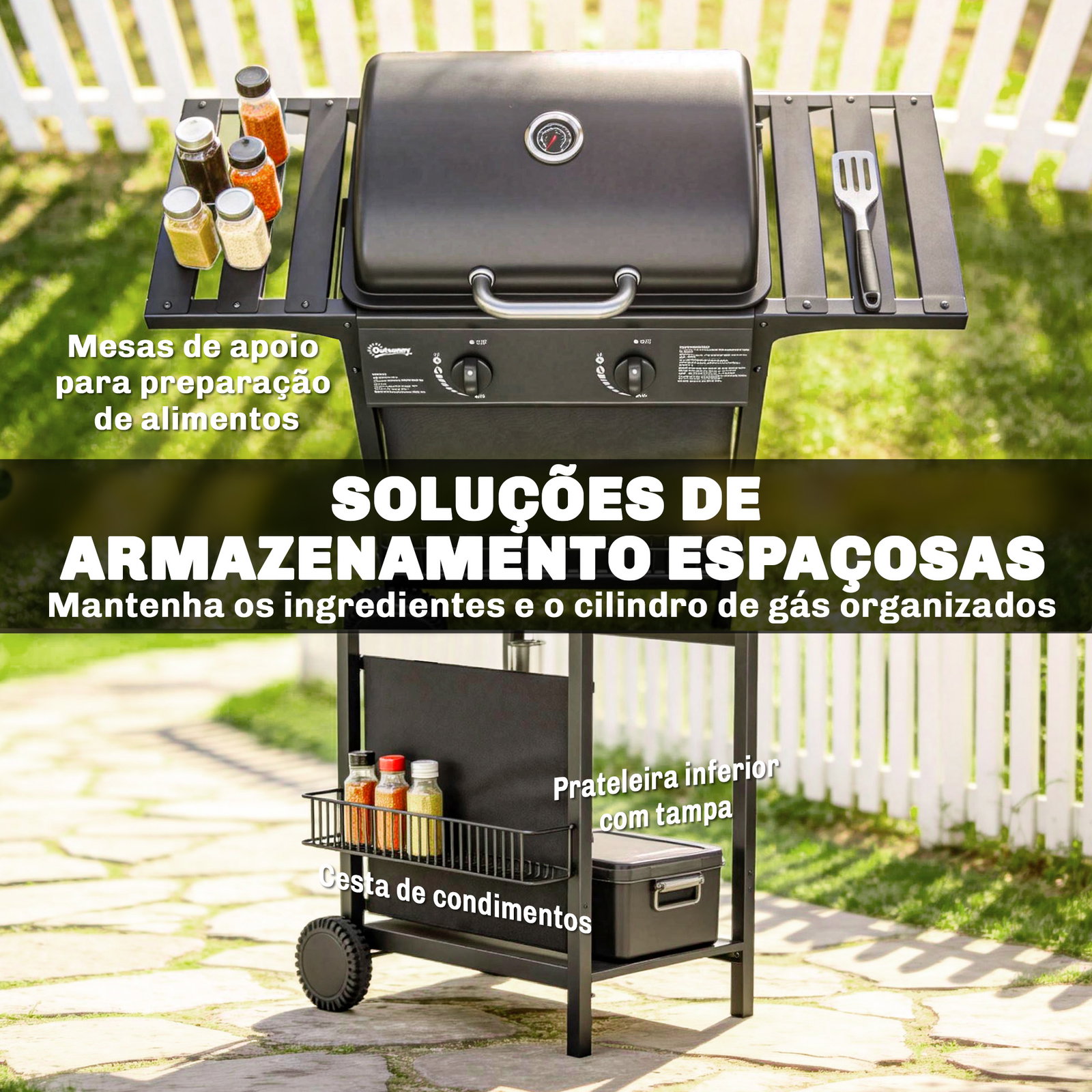 Barbecue a gás bbq com 2 queimadores de 5 kw termómetro mesas laterais prateleira grelha de aquecimento 2 rodas preto
