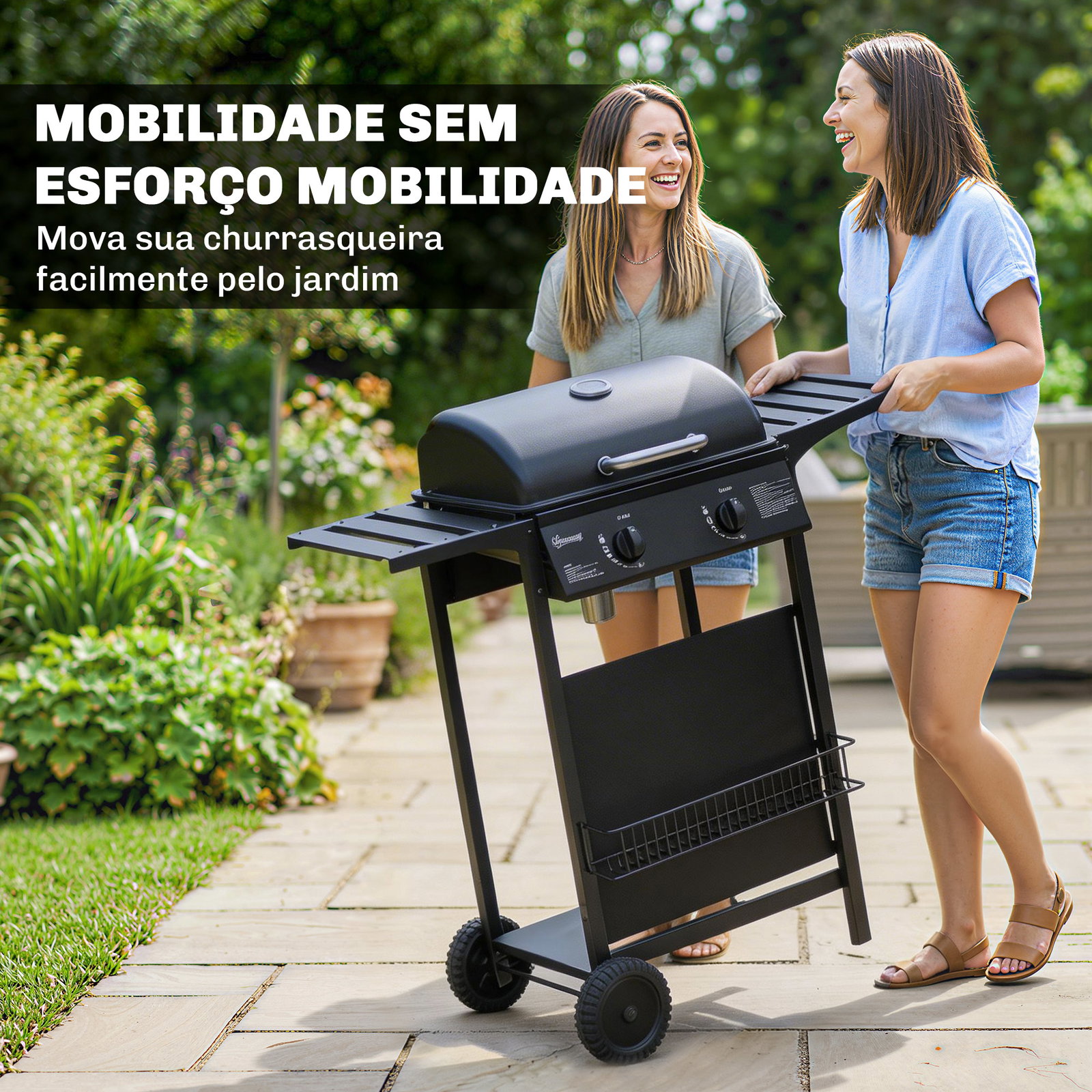 Barbecue a gás bbq com 2 queimadores de 5 kw termómetro mesas laterais prateleira grelha de aquecimento 2 rodas preto